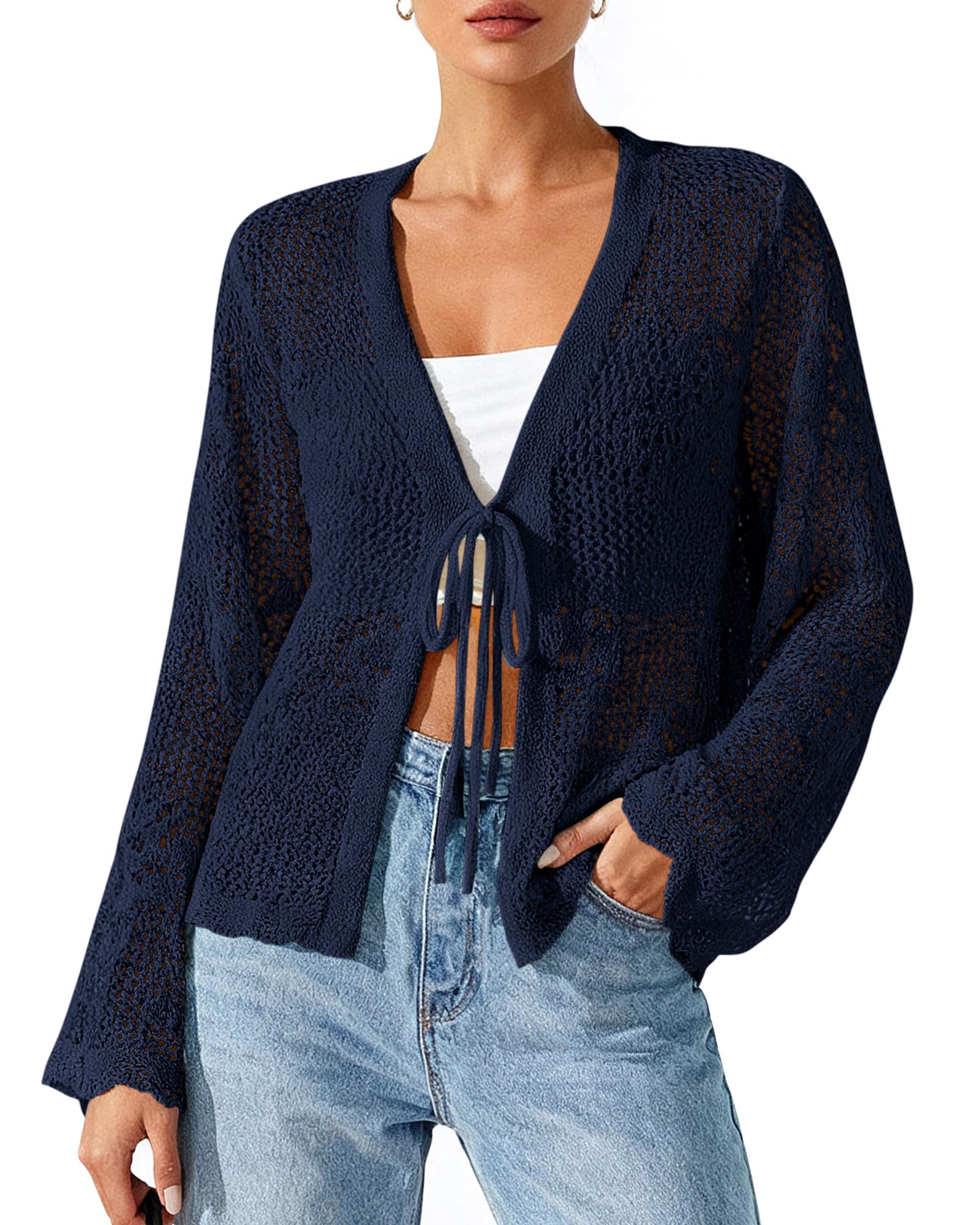 FreshPretty Summer Cardigans for Women Lightweight Spring Crochet Mesh Long Sleeve Tie Front Knit Beach Vacation Outfits