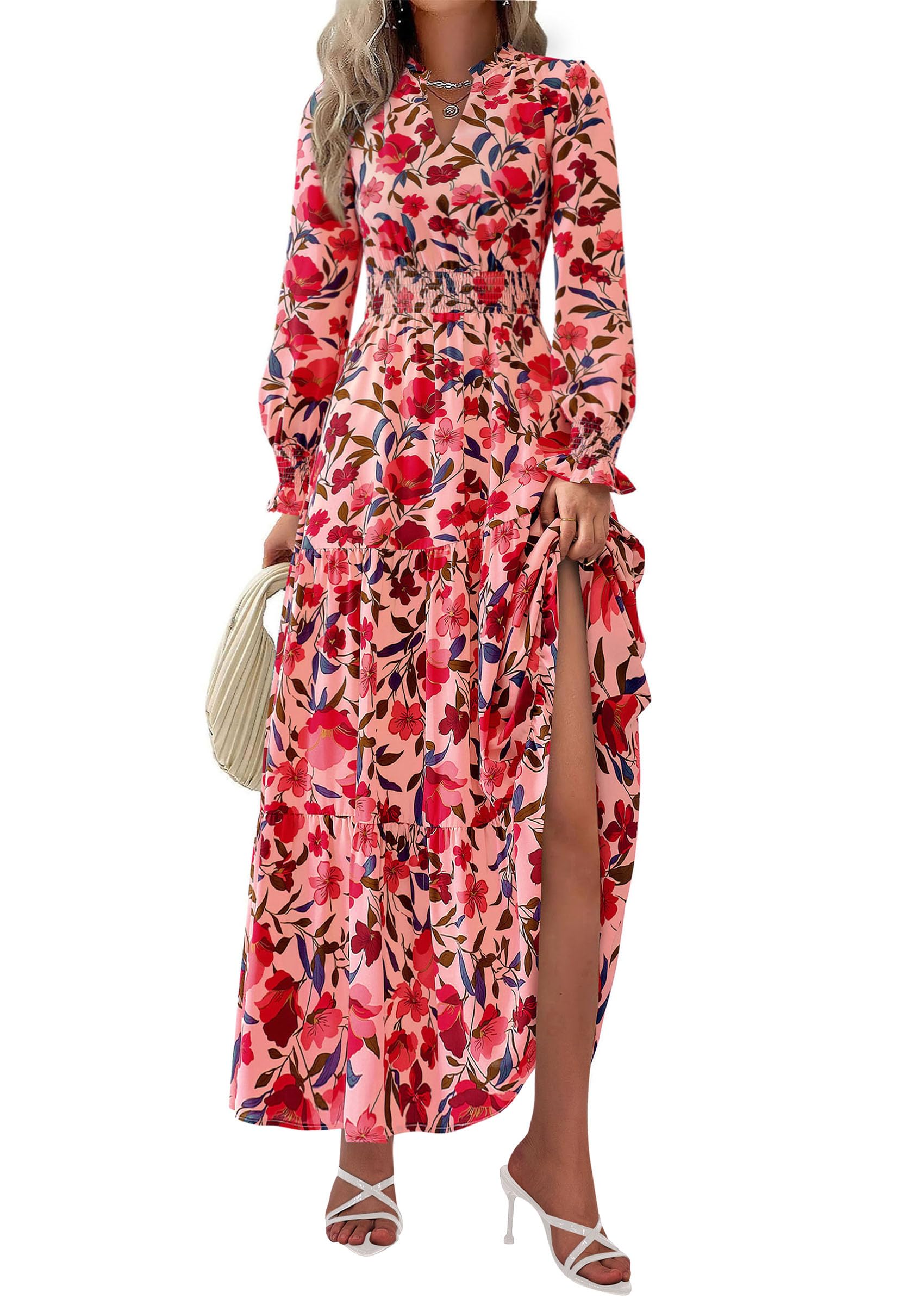 PRETTYGARDEN Women's Floral Maxi Dress Fall Long Sleeve V Neck Casual A Line Long Flowy Boho Party Dresses
