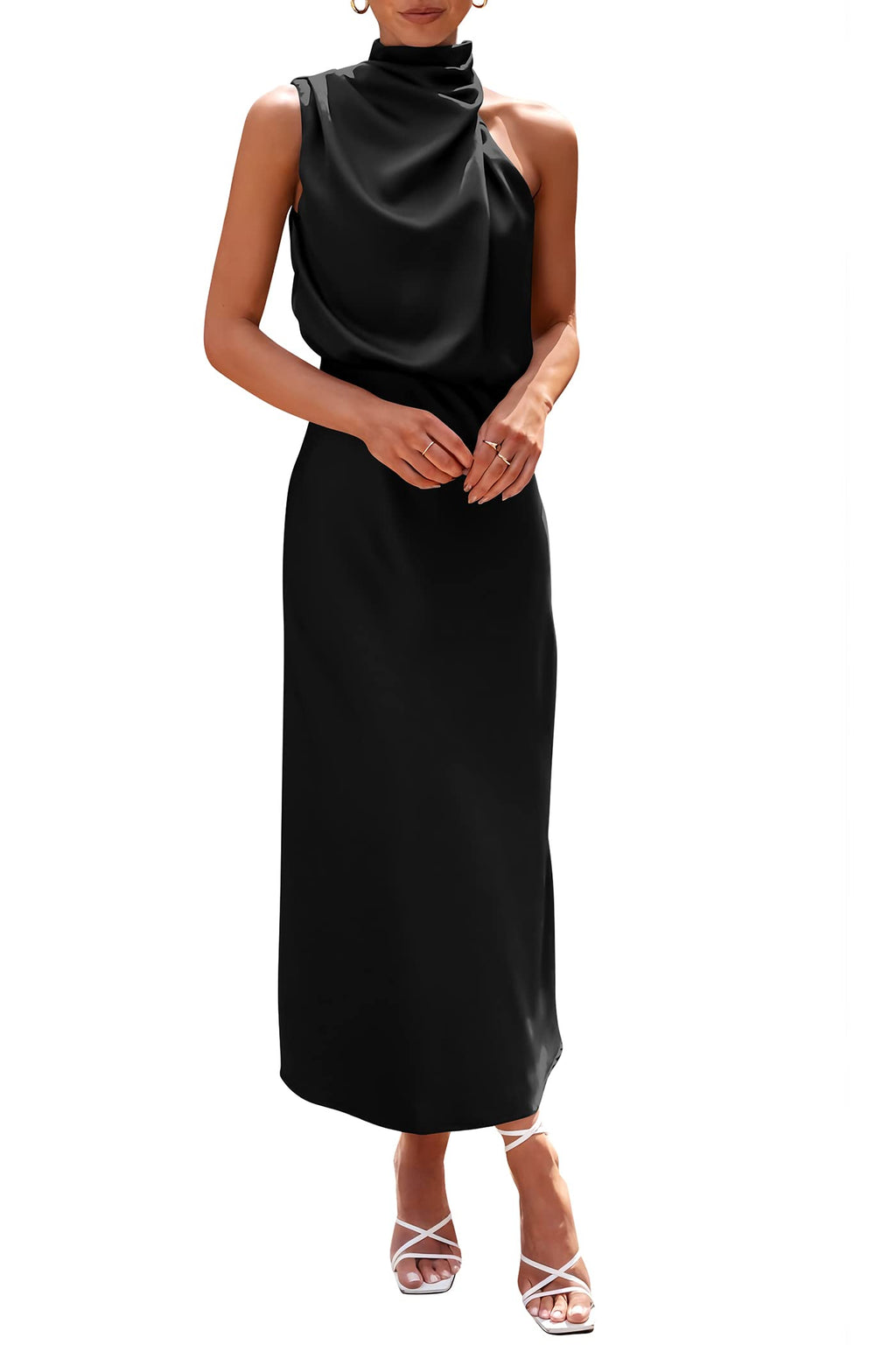 PRETTYGARDEN Women's Summer Satin Dress Elegant Sleeveless Mock Neck Cocktail Party Maxi Dresses