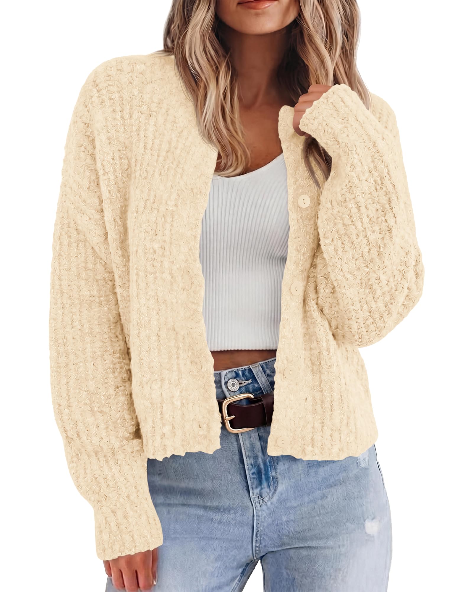 BTFBM Cardigan Sweaters for Women Fall Long Sleeve Button Down Soft Loose Chunky Knit Outwear Cropped Winter Coats