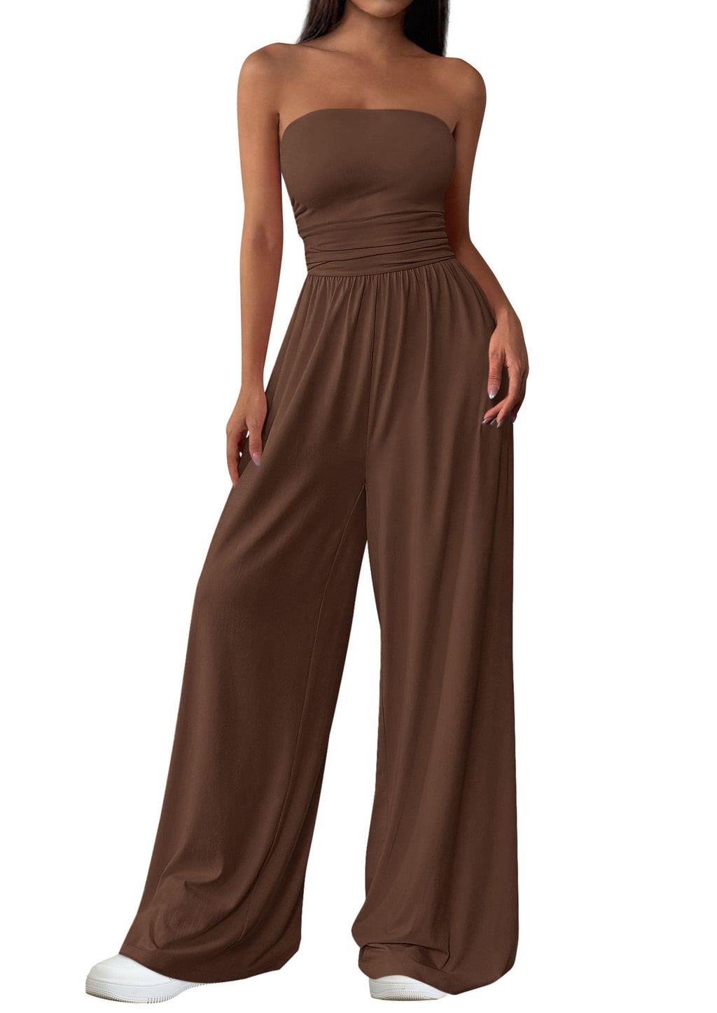 PRETTYGARDEN Womens Trendy Strapless Rompers Ruched Tube Top Wide Leg One Piece Jumpsuits Beach Vacation Summer Outfits