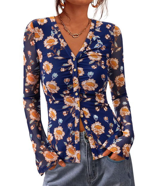 FreshPretty Button Down Shirts for Women Fall Fashion V Neck Long Sleeve Blouse Ruched Mesh Fitted Floral Print Boho Tops