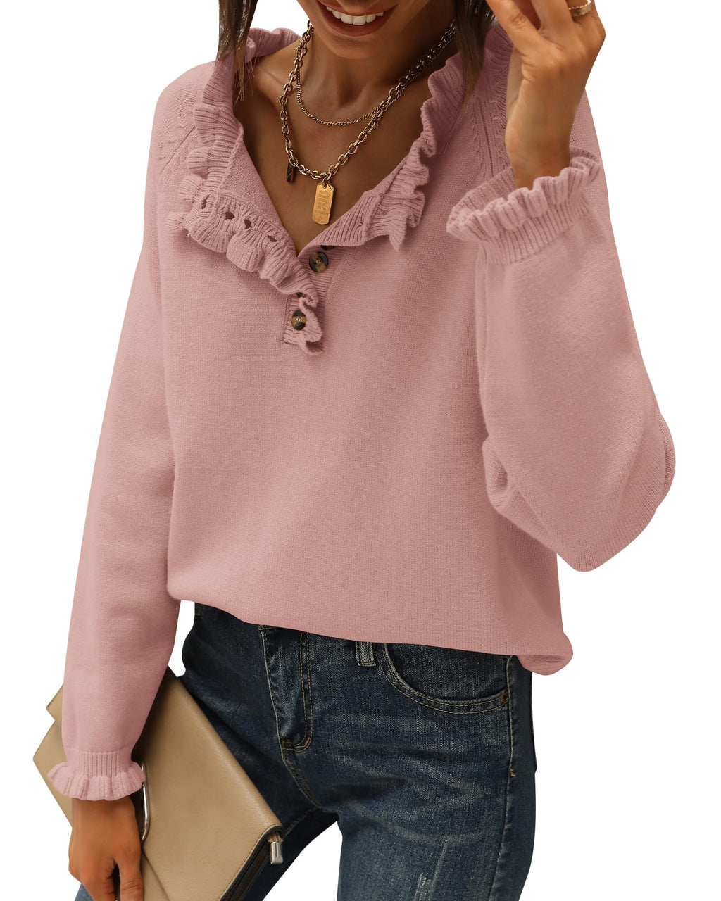 FreshPretty Womens Sweaters Fall Winter Clothes Long Sleeve Button Down Ruffle Crew Neck Casual Knitted Pullover Tops