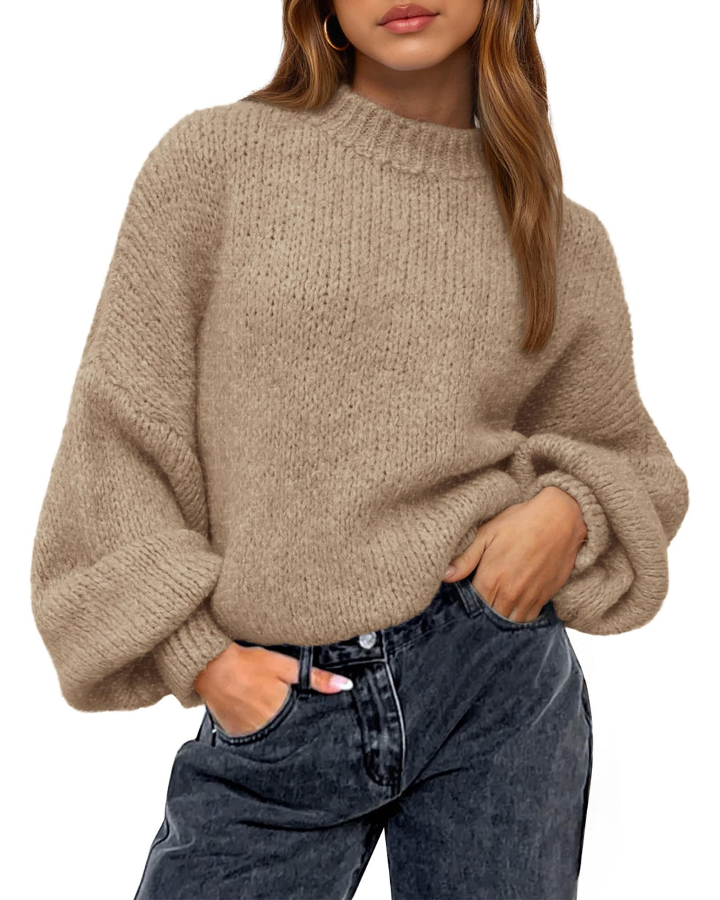 BTFBM Sweaters for Women Fall Crew Neck Lantern Long Sleeve Oversized Sweater Casual Knit Winter Pullover Tops