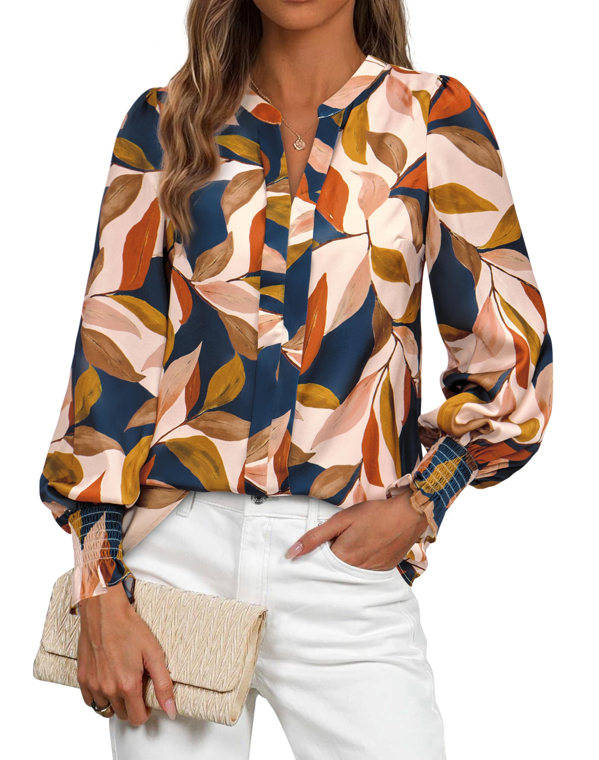 FreshPretty Womens Boho Floral Long Sleeve Tops Fall Fashion V Neck Loose Chiffon Work Blouses Dressy Casual Ruffle Shirts