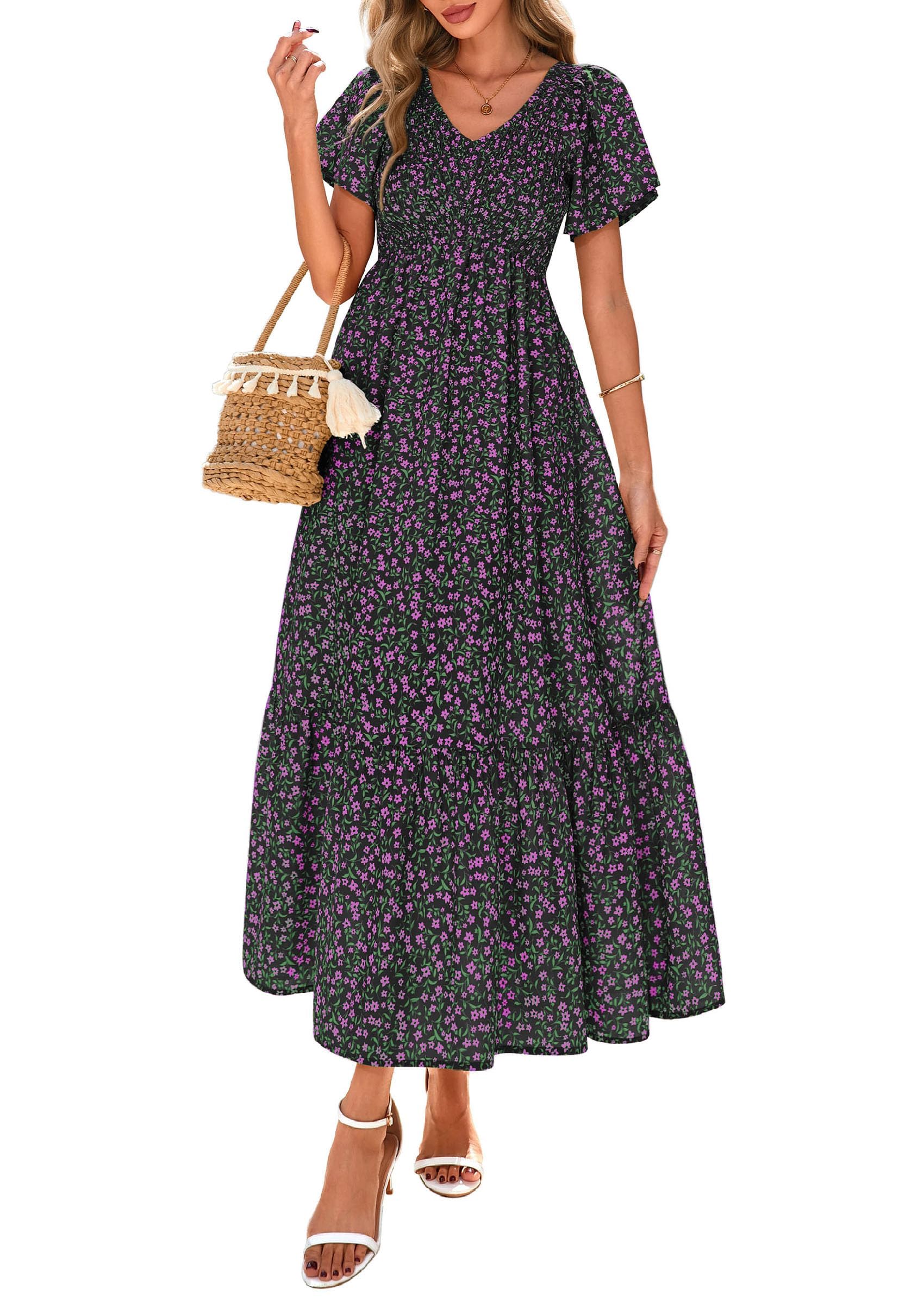 PRETTYGARDEN Boho Dresses for Women Summer Floral Short Sleeve V Neck Smocked Flowy Beach Vacation Maxi Dress