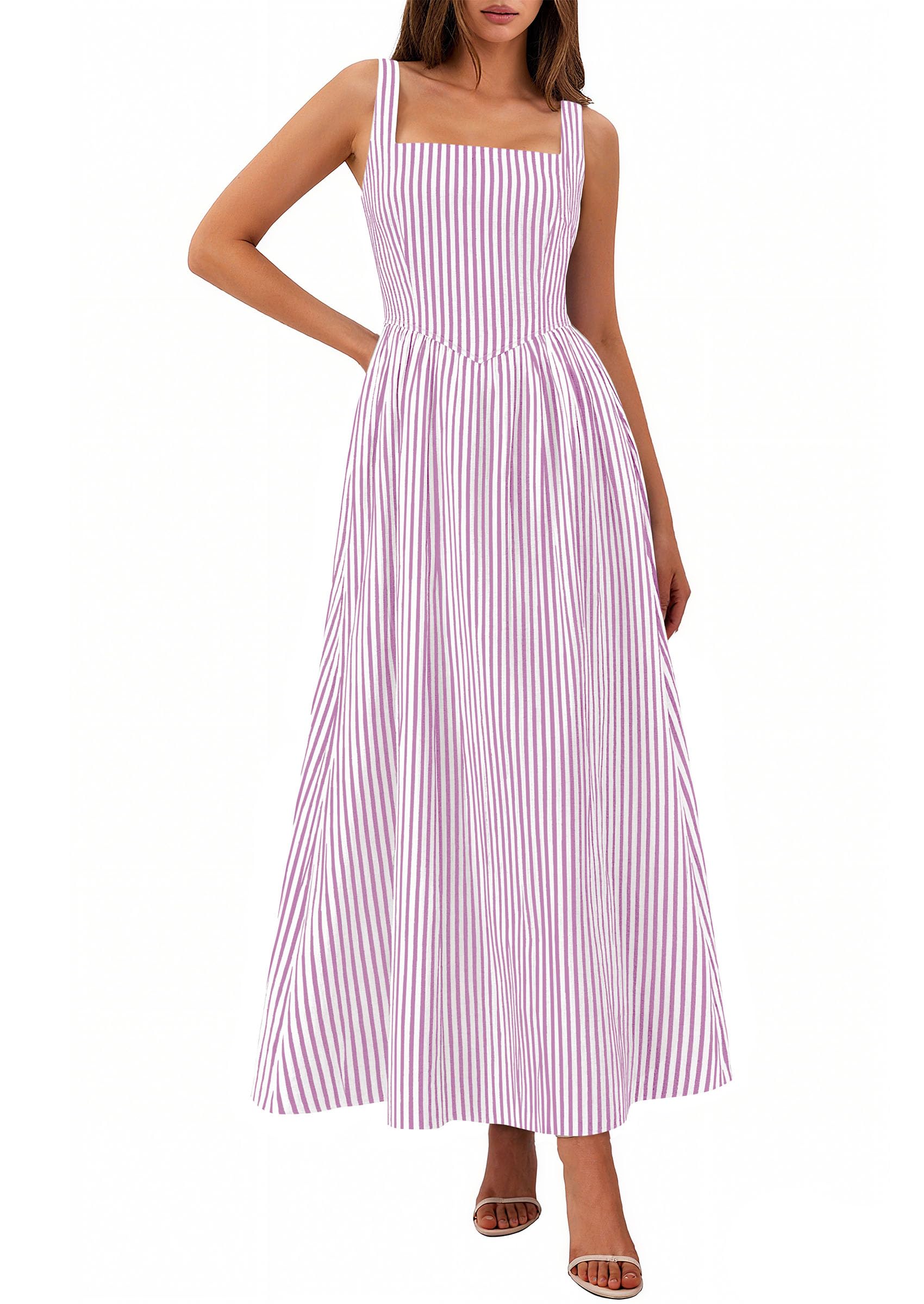 PRETTYGARDEN Women's Maxi Striped Dress Summer Sleeveless Square Neck Smocked A Line Long Flowy Spring Vacation Sundress