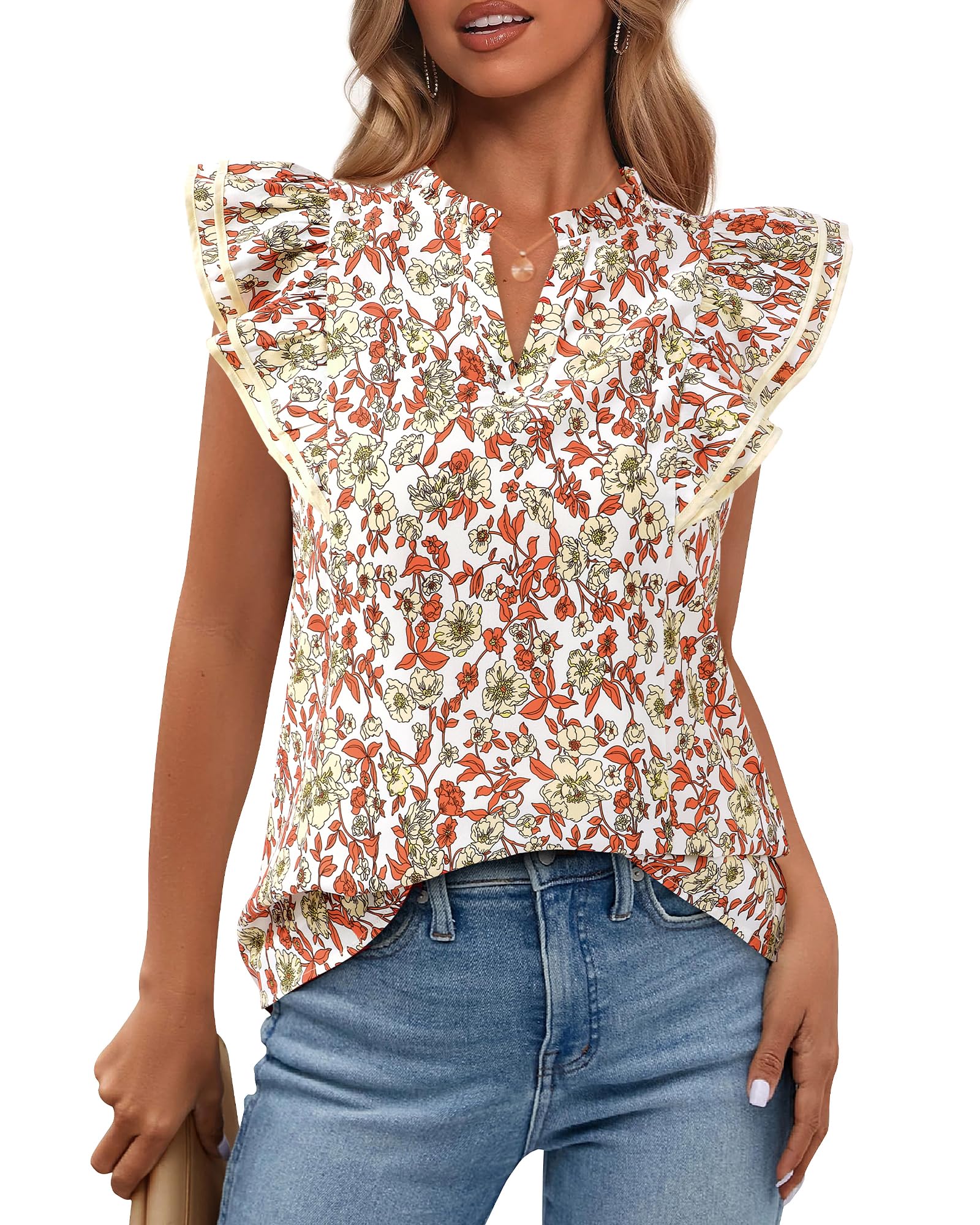 BTFBM Womens Tops Dressy Casual Spring Summer Shirts Boho Floral V Neck Ruffle Cap Sleeve Business Work Blouses