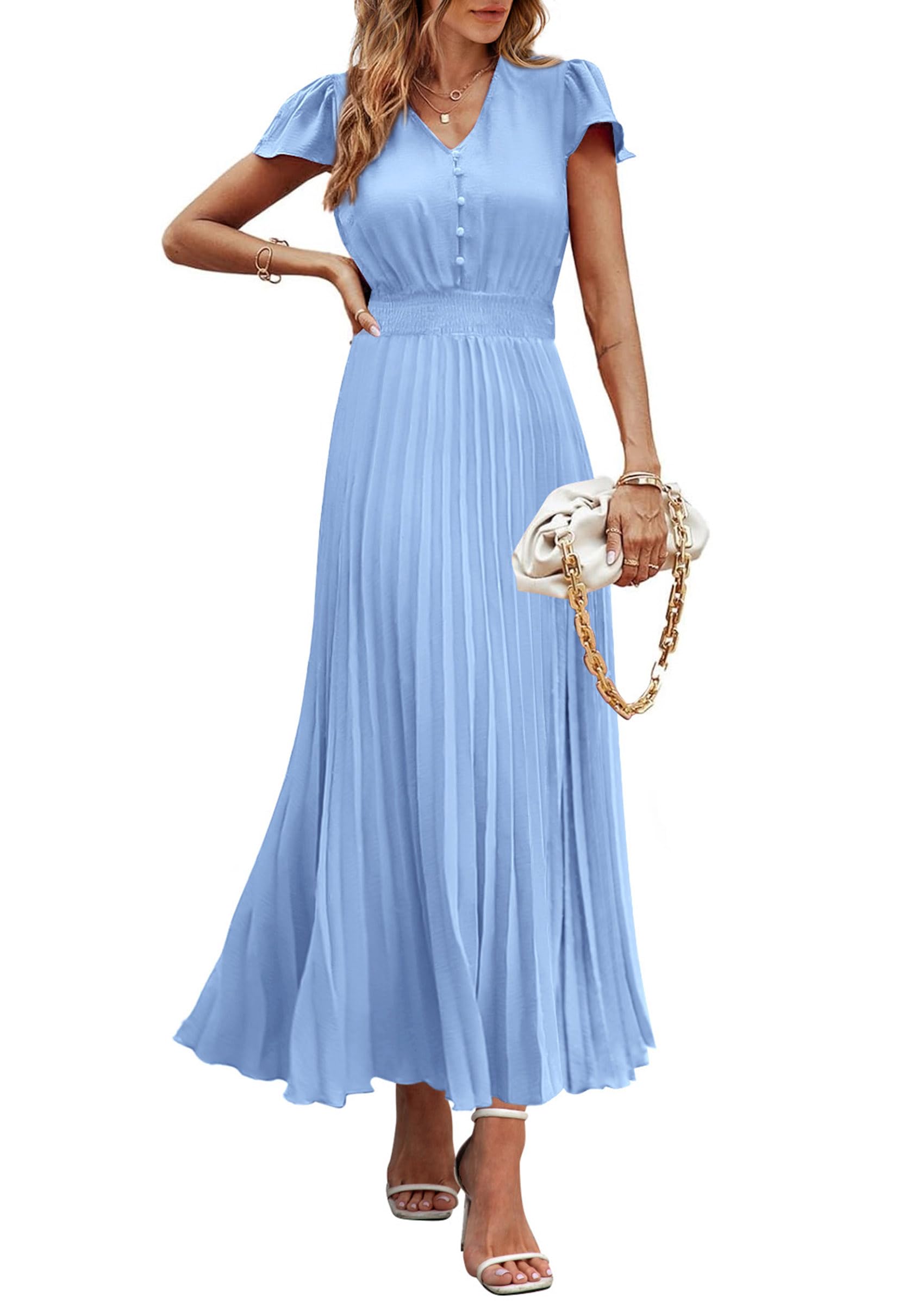PRETTYGARDEN Women's Summer Maxi Dresses Trendy Casual Button V Neck Ruffle Cap Sleeve Long Flowy Spring Pleated Dress
