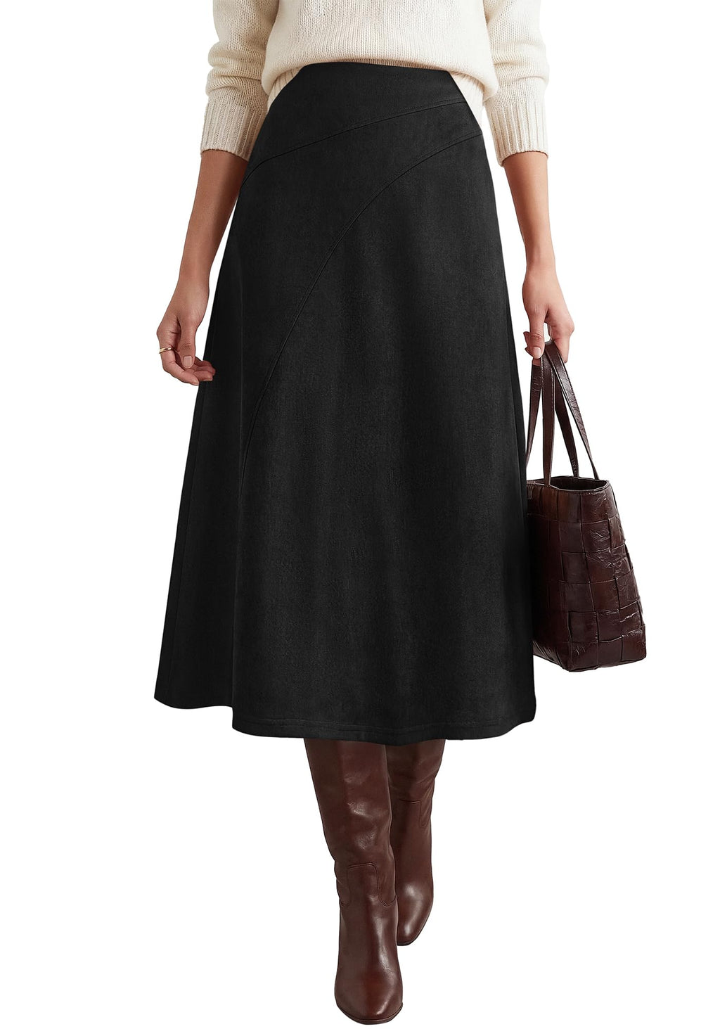 BTFBM Women Faux Suede Midi Long Skirt Fall Fashion | High Waisted Skirts For Women Trendy, Lightweight, Back Elastic, Arc Line Design, A-Line, Winter Dress, Boho Western Outfits