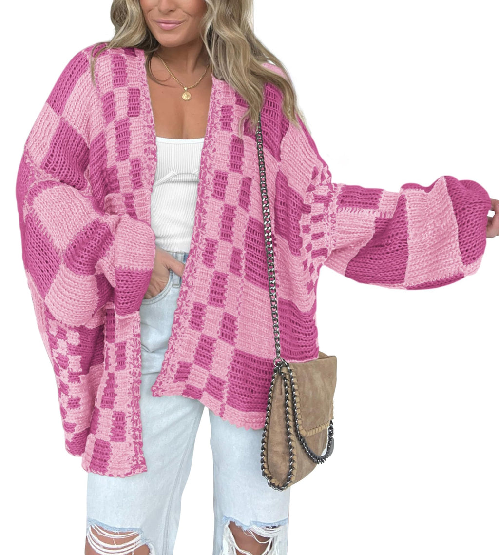 BTFBM Casual Cardigan Sweater for Women Fall Long Sleeve Sweaters Fall Outfits, Loose Fit,Solid,Open Front Chunky Knit Sweaters,Chunky Cardigan Sweaters For Women,Checkered Outwear Coat