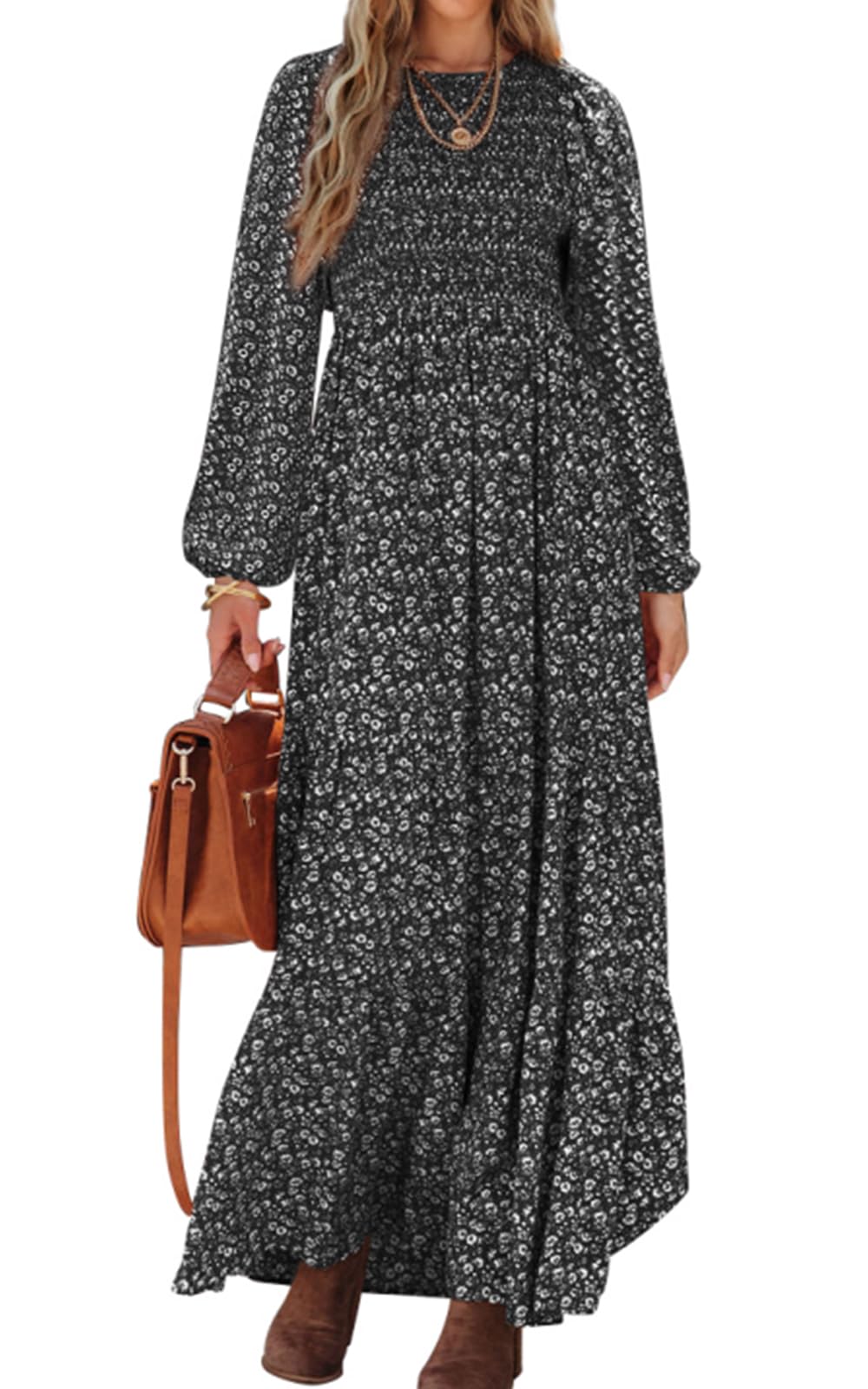 PRETTYGARDEN Women's Fall Dresses Long Sleeve Flowy Casual Floral Maxi Dress Crew Neck Smocked Tiered Long Dress