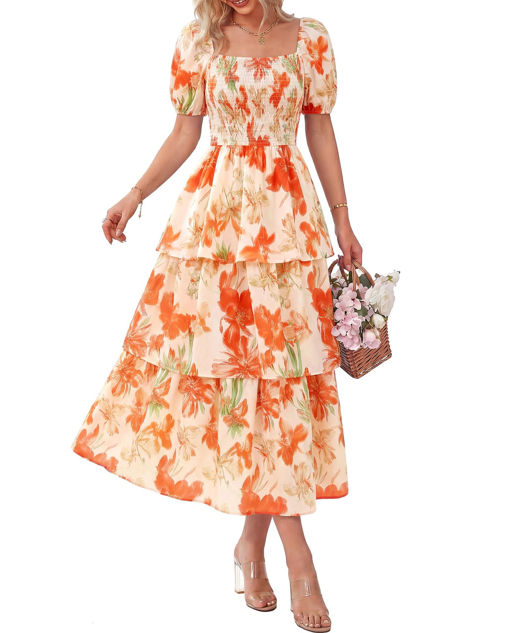 BTFBM Womens Square Neck Smocked Dress Summer Puff Short Sleeve Floral Casual Ruffle Tiered Maxi Wedding Guest Dresses