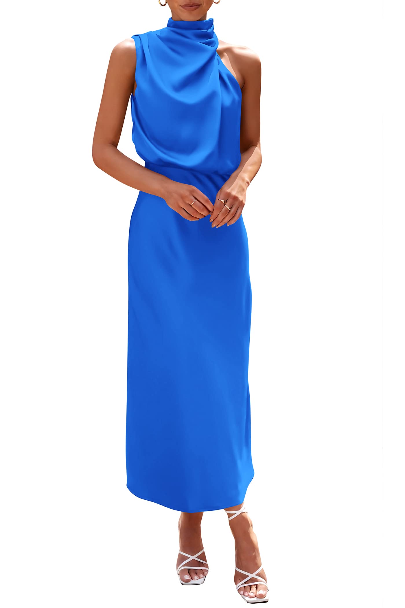PRETTYGARDEN Women's Summer Satin Dress Elegant Sleeveless Mock Neck Cocktail Party Maxi Dresses