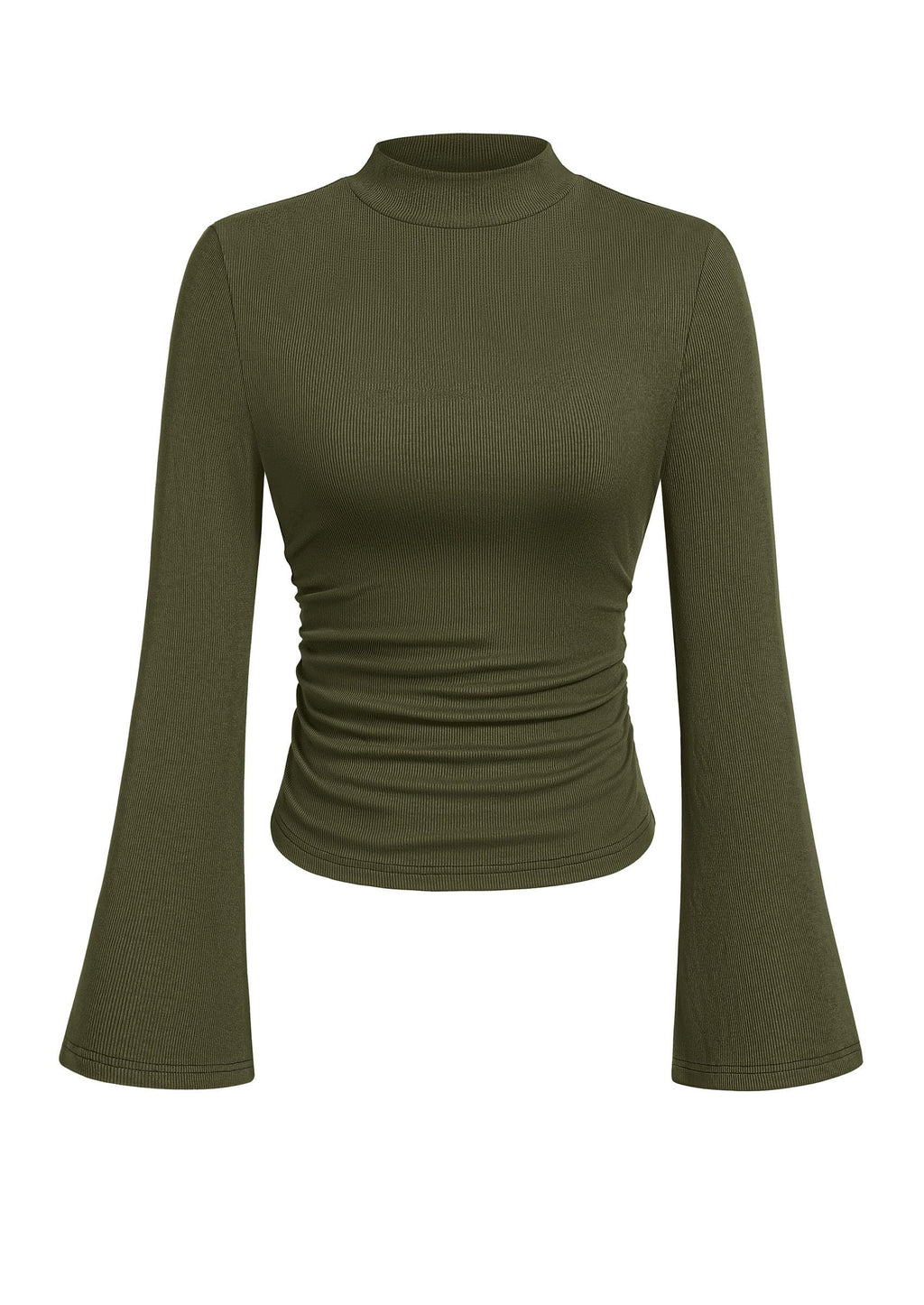 PRETTYGARDEN Womens Long Bell Sleeve Mock Neck Ribbed Tops