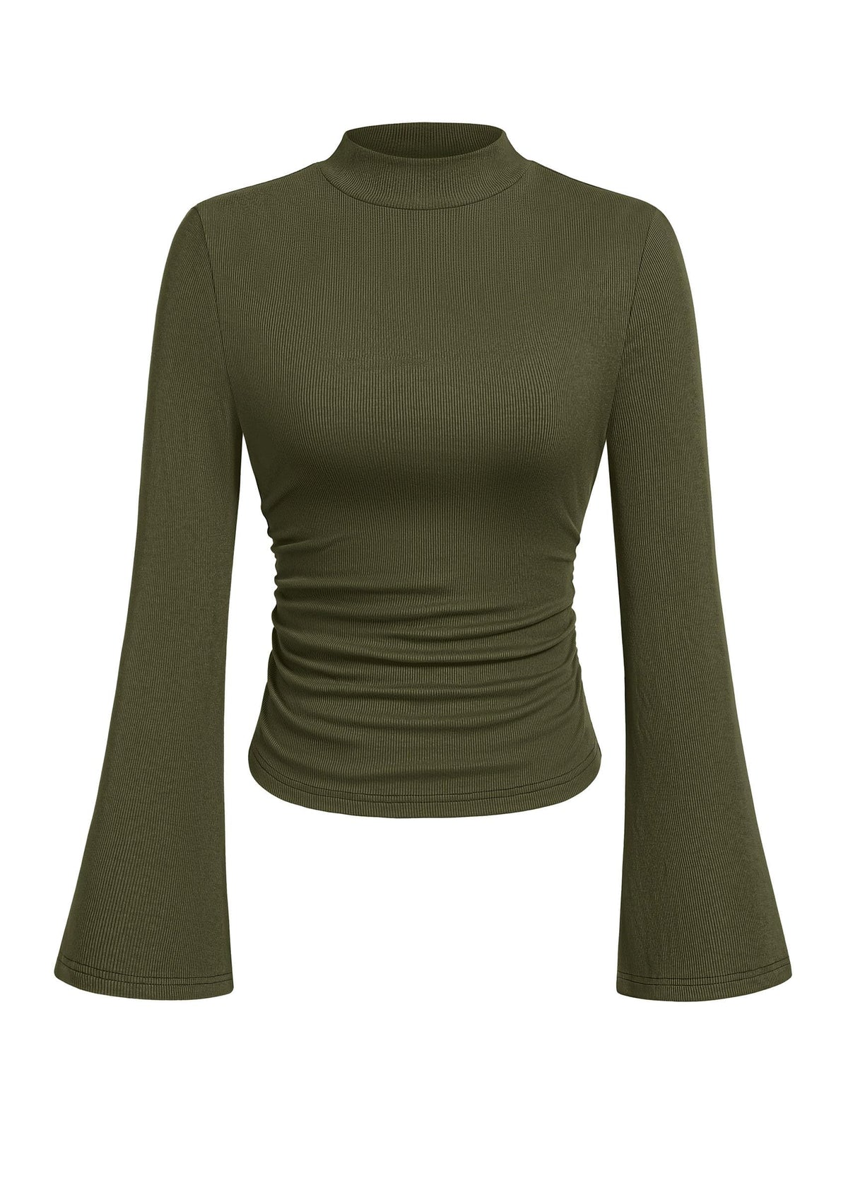PRETTYGARDEN Womens Long Bell Sleeve Mock Neck Ribbed Tops