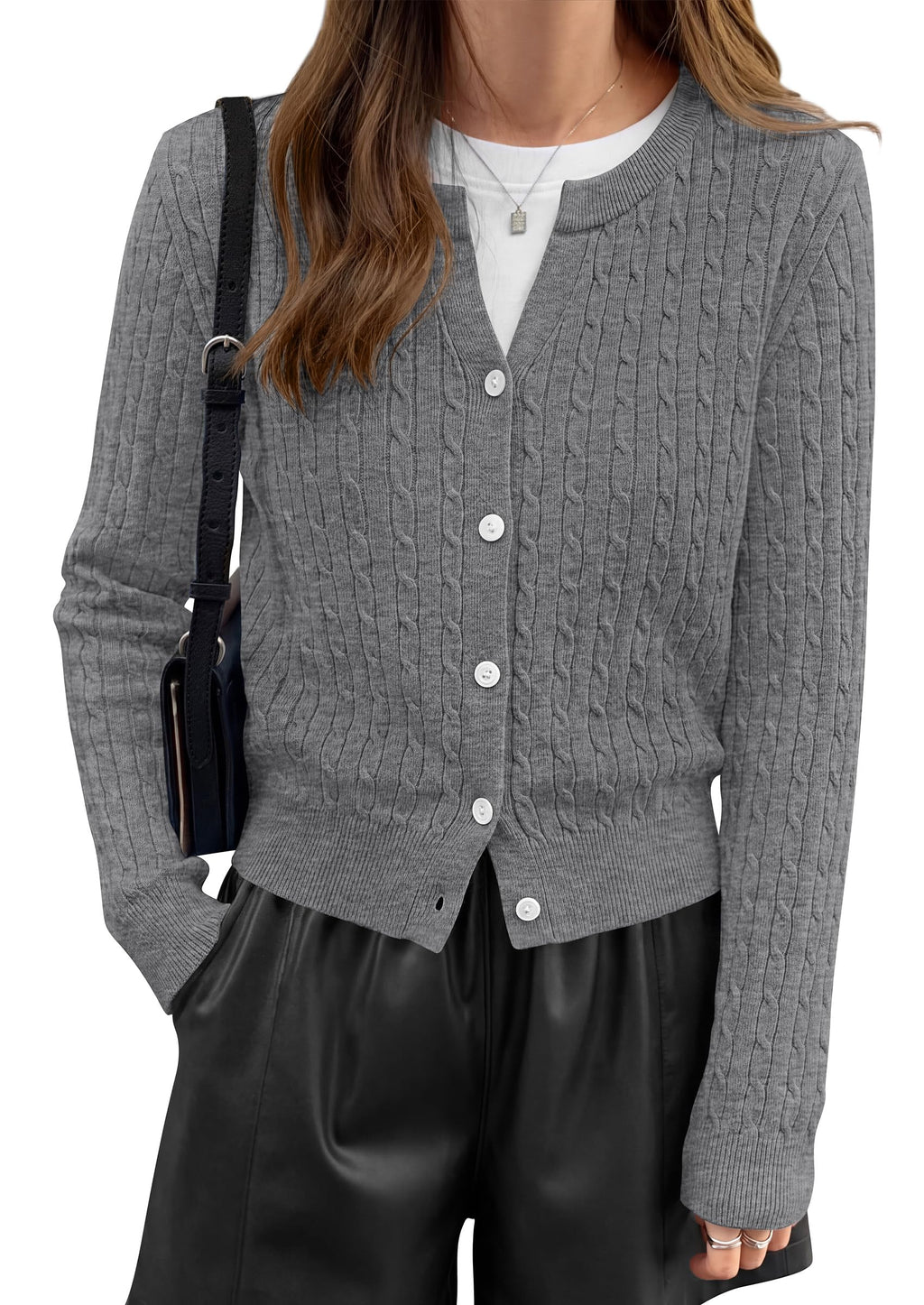 FreshPretty Women's Cable Knit Cropped Cardigan Sweater V Neck Button Down | Soft Lightweight Cable Knit, Long Sleeve, V Neck Button Front, Cropped Ribbed Trim, Business Casual Fall Winter Layering