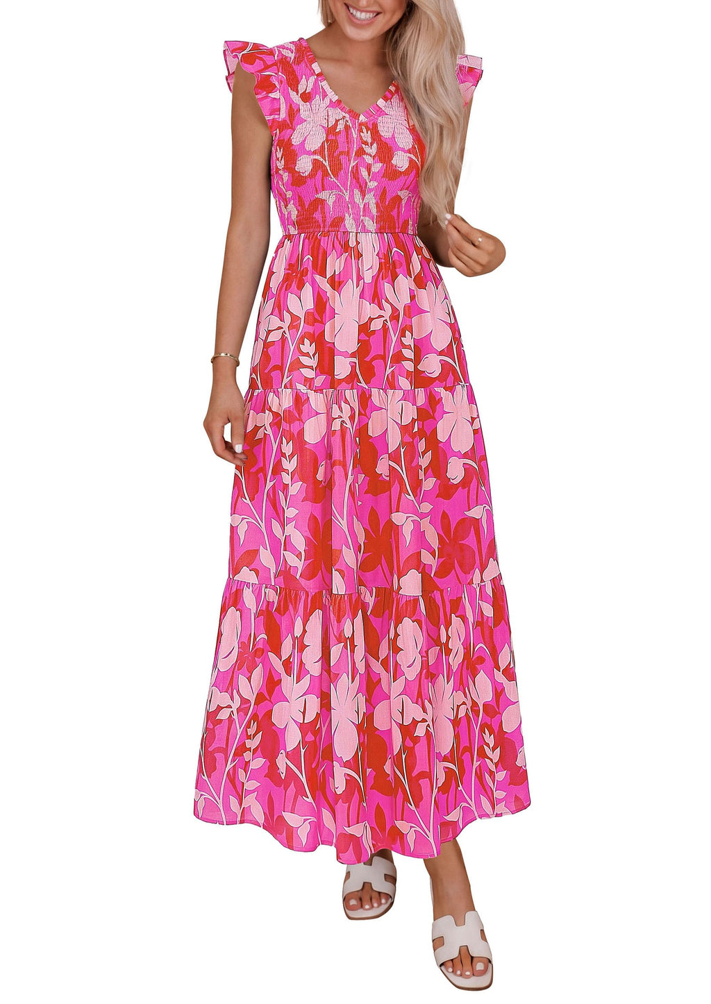 PRETTYGARDEN Women's Boho Floral Maxi Dress Summer Smocked V Neck Ruffle Sleeve Spring Flowy Beach Vacation Sundresses