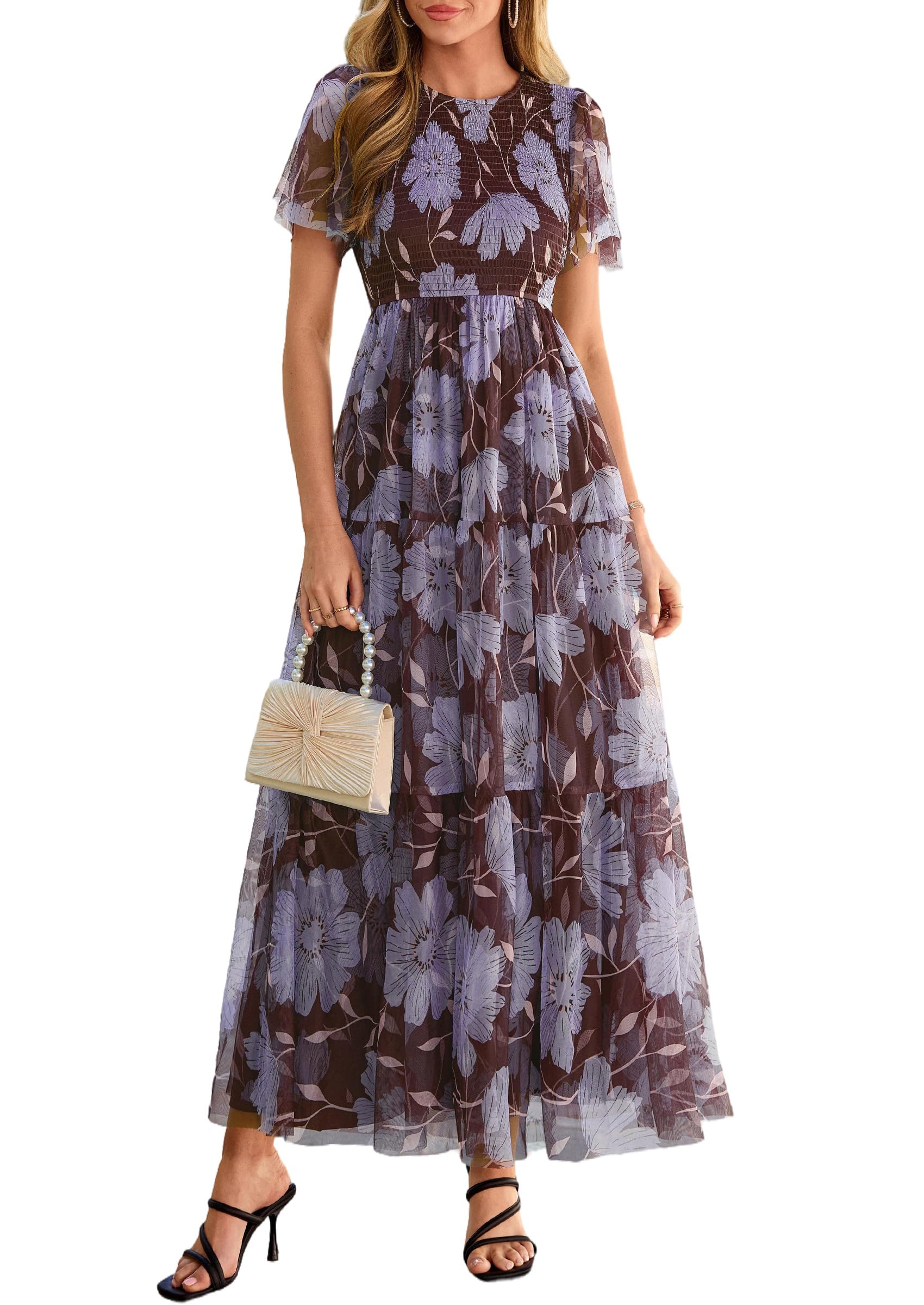 PRETTYGARDEN Tulle Floral Dress Women Summer Wedding Guest  Spring Short Sleeve Maxi Smocked Flowy Beach Party Dresses