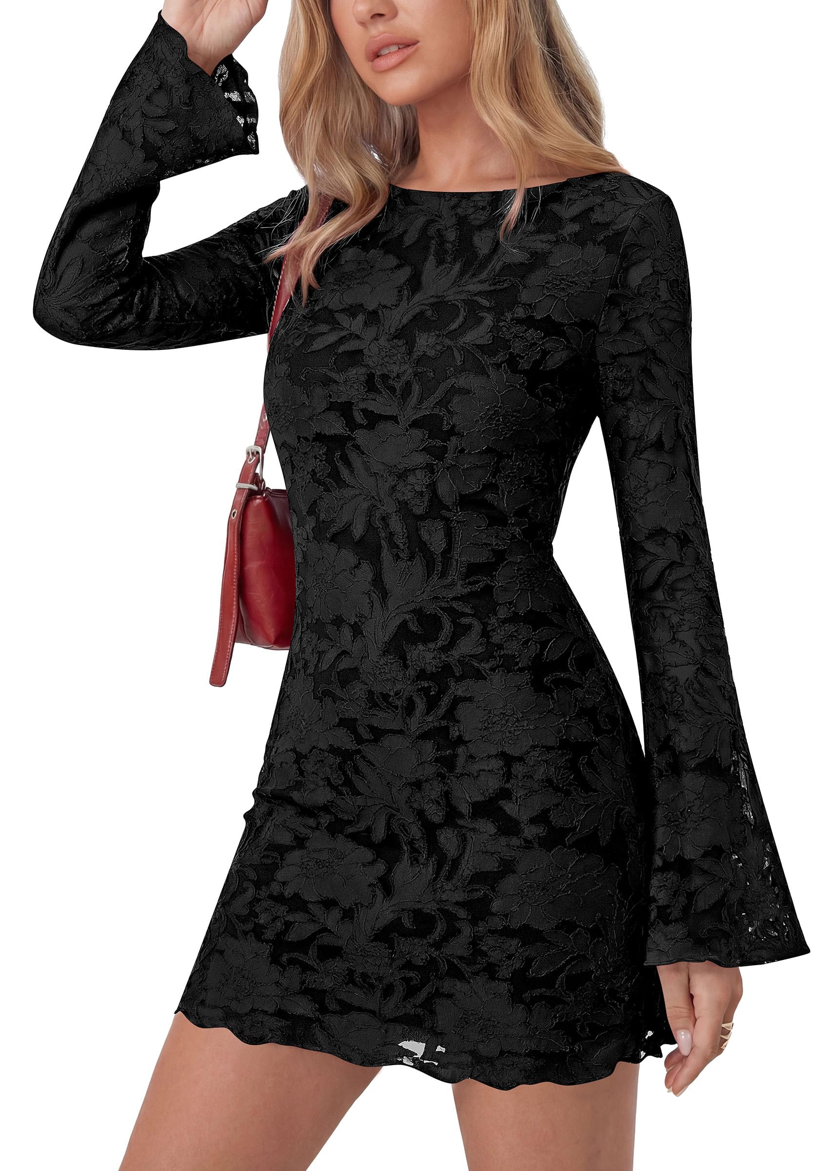 PRETTYGARDEN Women's Fall Fashion Floral Long Sleeve Mini Dress Mesh Bodycon Short Party Date Night Going Out Dresses
