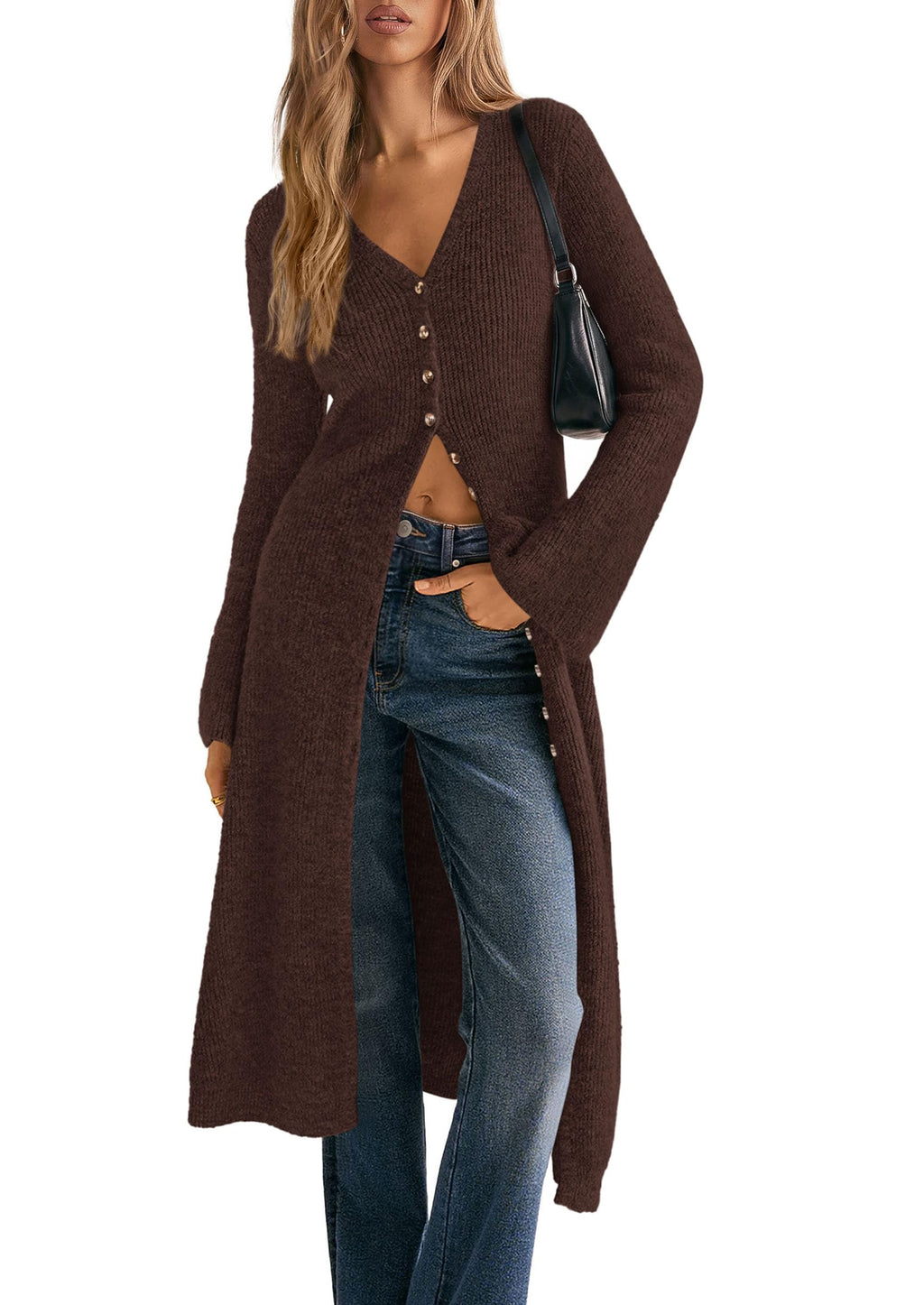 PRETTYGARDEN Women Long Cardigan Bell Sleeve Sweater Dress Early Fall Fashion, V Neck Button Down Coats, Fit and Flare, Duster Sweater, Acrylic Cotton Blend