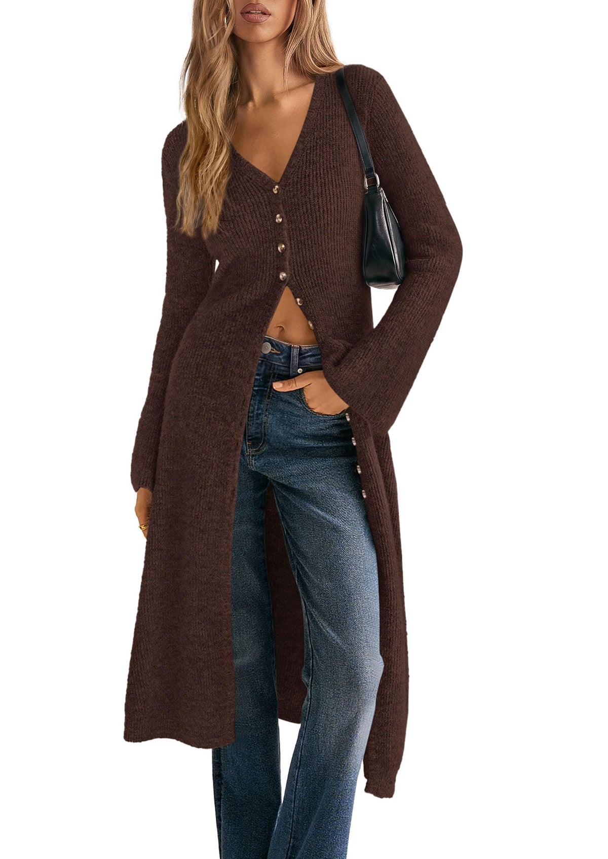 PRETTYGARDEN Women Long Cardigan Bell Sleeve Sweater Dress Early Fall Fashion, V Neck Button Down Coats, Fit and Flare, Duster Sweater, Acrylic Cotton Blend