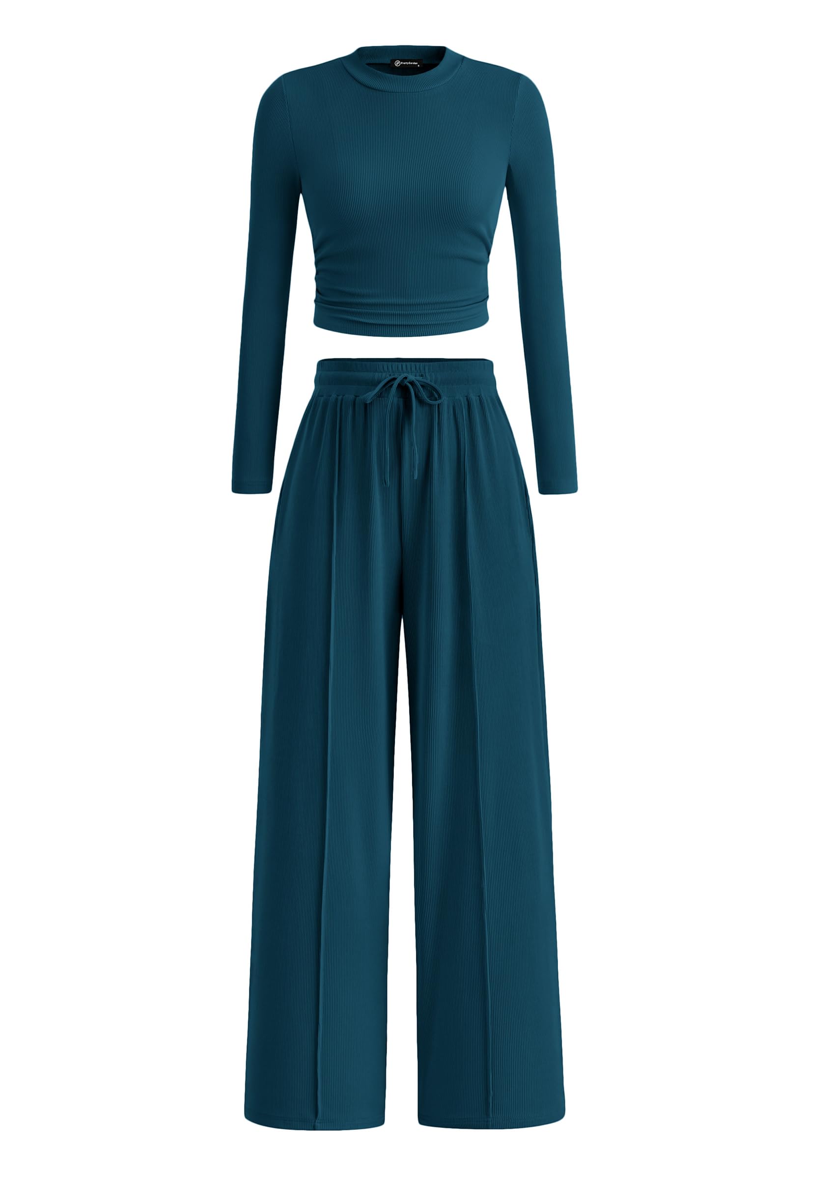 PRETTYGARDEN Women's 2 Piece Loungewear Long Sleeve Crop Top Wide Leg Palazzo Pants Set Tracksuits Casual Outfit