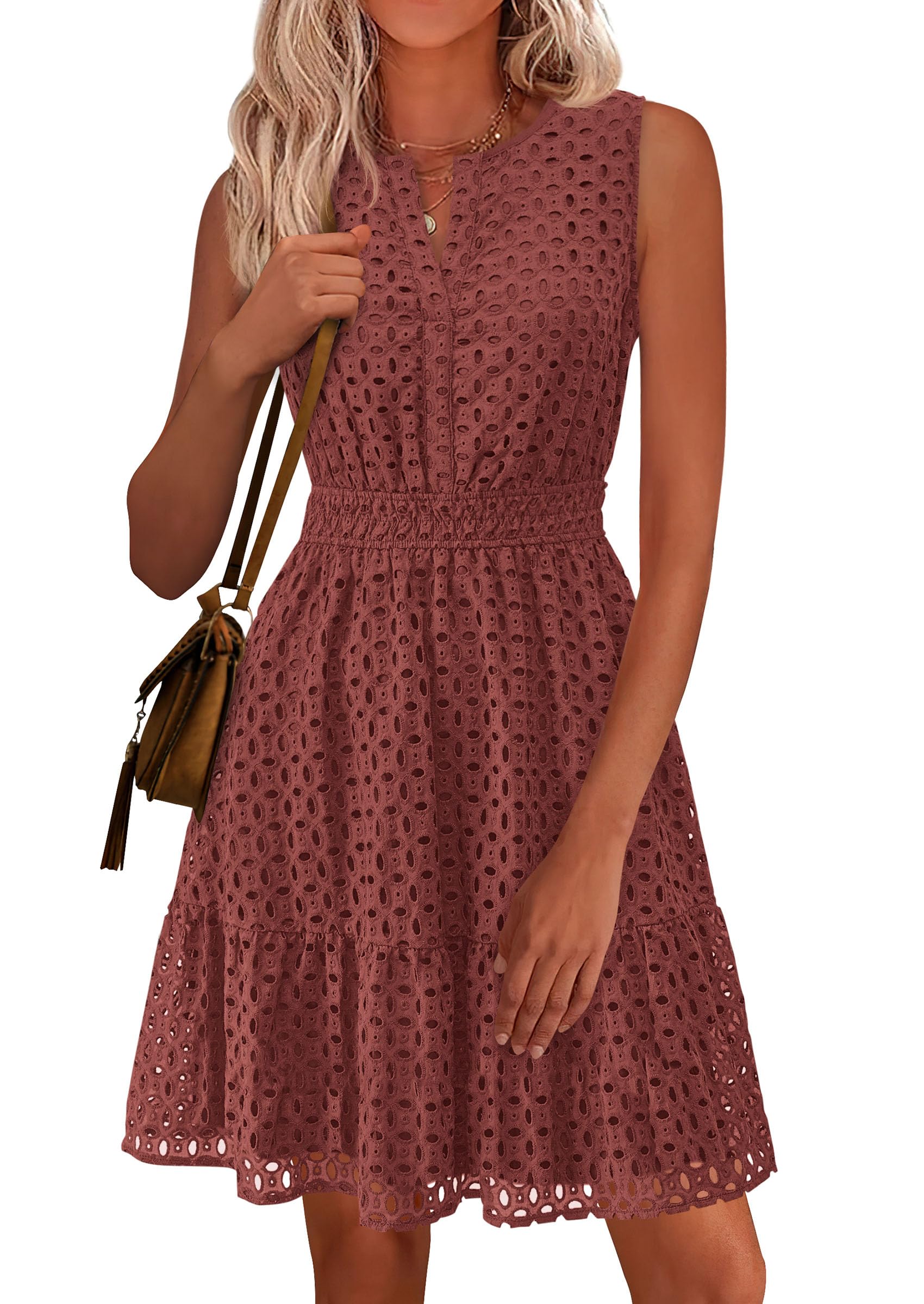 PRETTYGARDEN Women's Summer Dresses Sleeveless V Neck Eyelet Hollow Out Swing A Line Beach Vacation Sun Dress