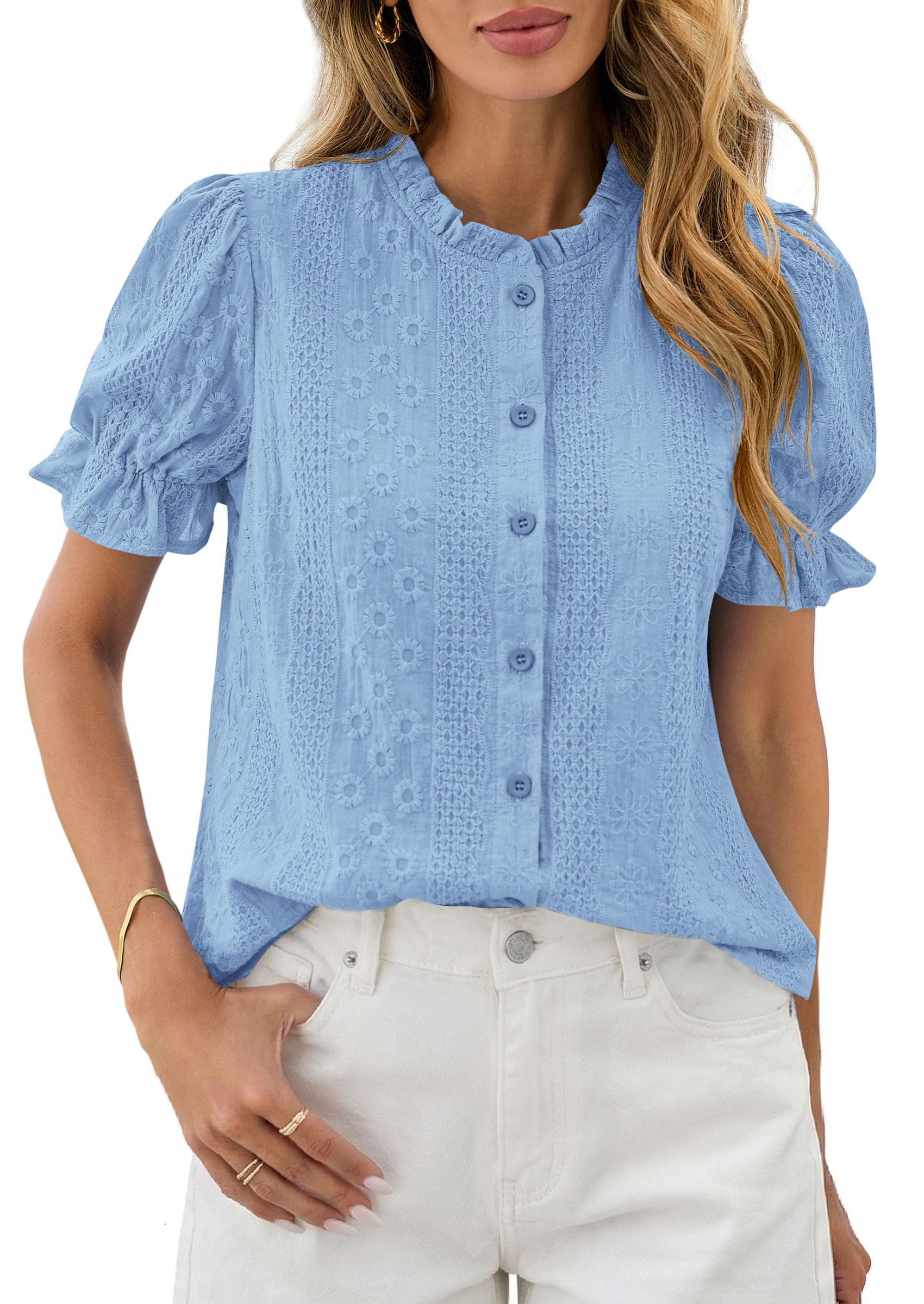 PRETTYGARDEN Womens Puff Short Sleeve Tops  Summer Spring Button Down Boho Embroidered Cute Blouse Dressy Casual Shirts