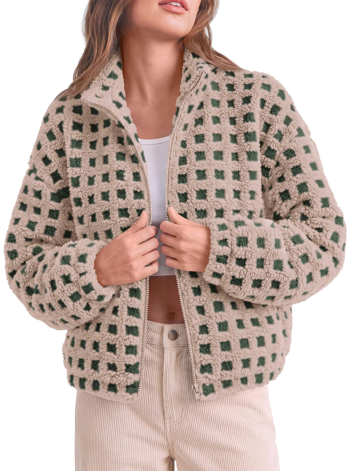 PRETTYGARDEN Women's Gingham Sherpa Fleece Jacket Plaid Cropped Teddy Coat Trendy Y2K Winter Jacket, Zip Up Stand Collar, Side Pockets, Fall Outfit for Casual Daily, Going Out, Streetwear, Outdoor