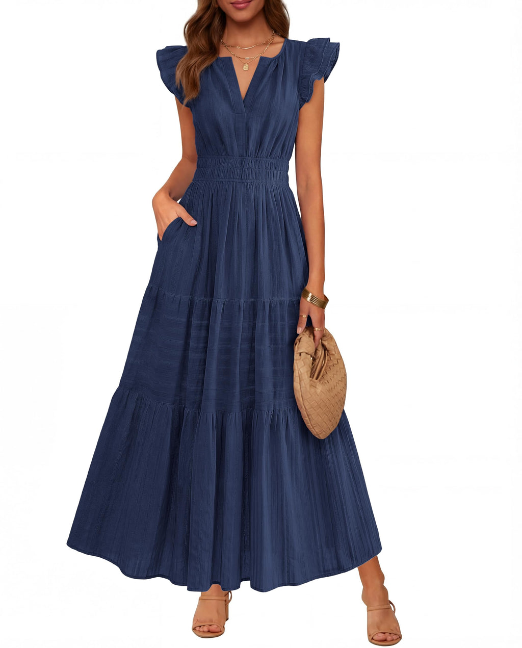 BTFBM Womens Summer Maxi Dress  Spring Boho Vacation Ruffle Flutter Short Sleeve A Line Tiered Flowy Dresses Pockets