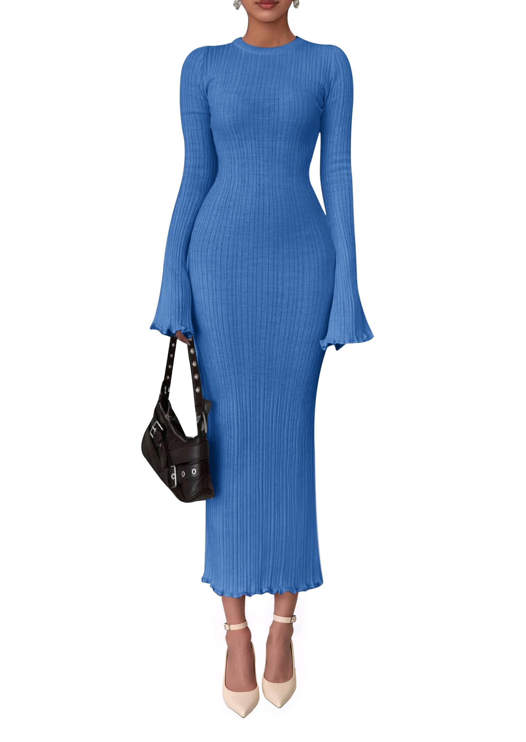 PRETTYGARDEN Sweater Dresses for Women  Fall Bell Long Sleeve Crew Neck Bodycon Maxi Dress Winter Ribbed Knit Outfits