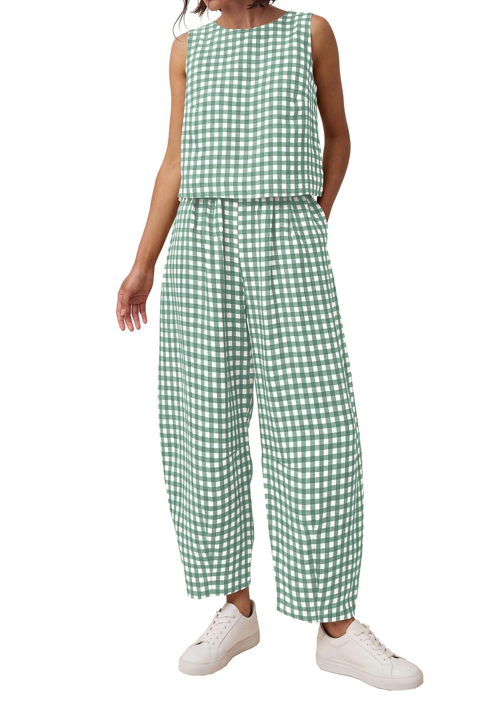 PRETTYGARDEN Womens 2 Piece Sets Summer Plaid Sleeveless Tops Wide Leg Pants Matching Lounge Set Beach Vacation Outfits
