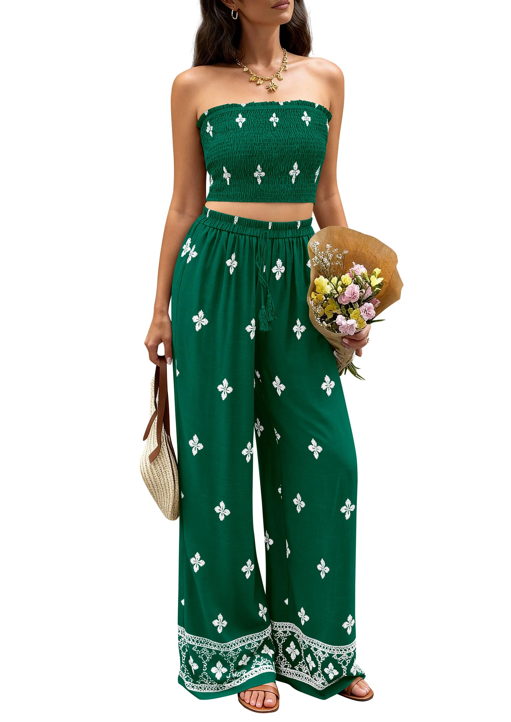 PRETTYGARDEN 2 Piece Sets for Women Summer  Travel Outfits Print Tube Tops Wide Leg Pants Beach Vacation Clothes