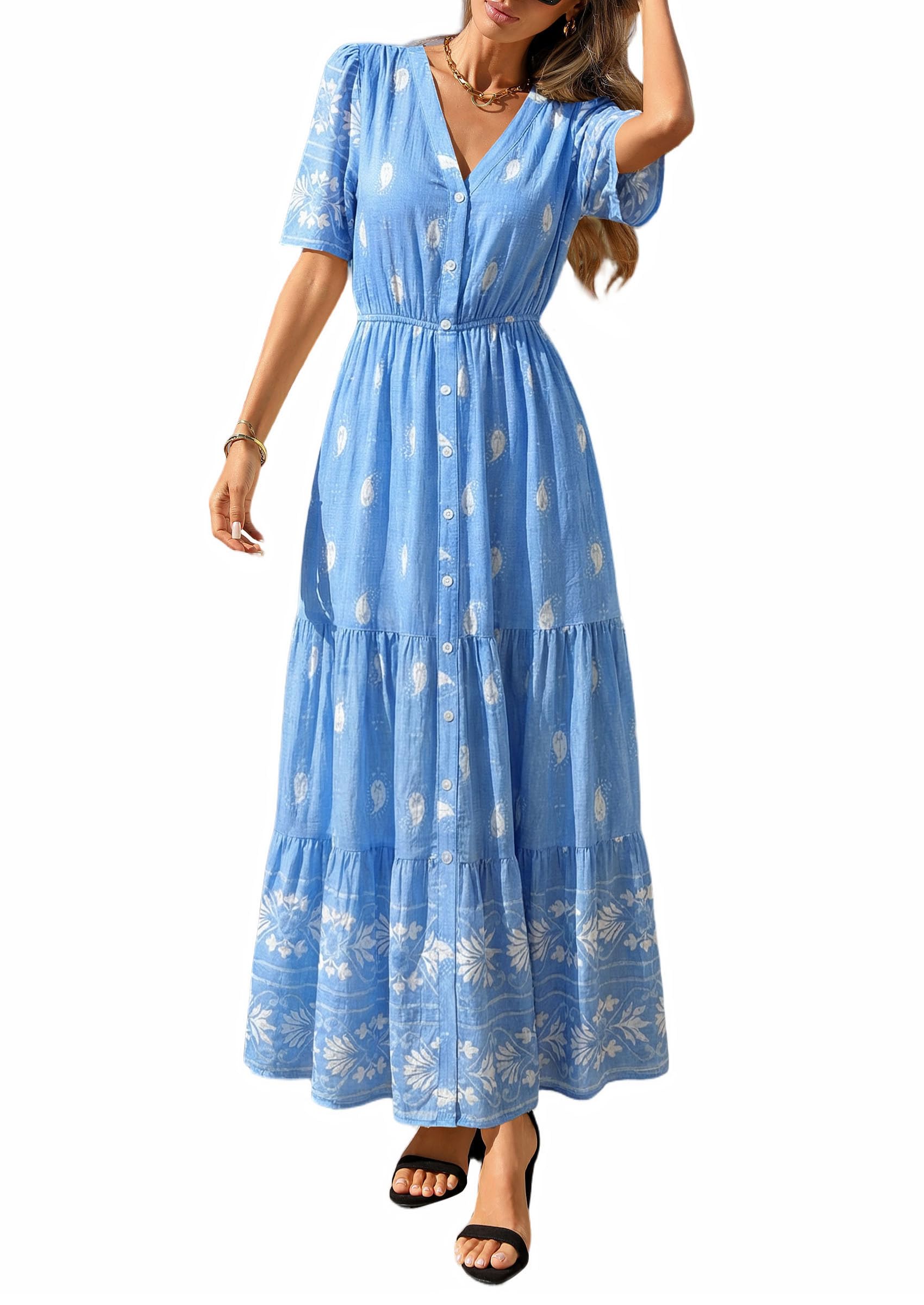 PRETTYGARDEN Womens Summer Boho Maxi Dress Trendy Short Sleeve V Neck Flowy Beach Floral Dresses with Pockets