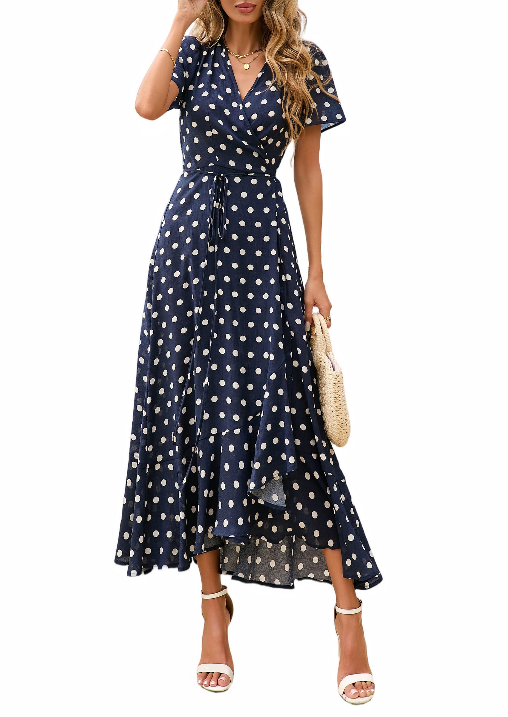 PRETTYGARDEN Women's Summer Maxi Dress Casual Wrap Floral Boho Short Sleeve V Neck Split Ruffle Beach Long Dresses
