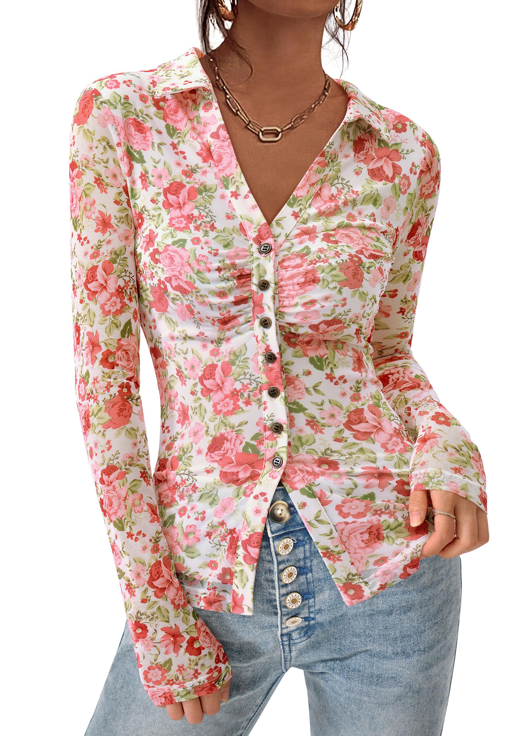 PRETTYGARDEN Women Button Down Floral Shirts Fall Trendy Long Sleeve V Neck Mesh Boho Blouse Spring Tops Date Outfits