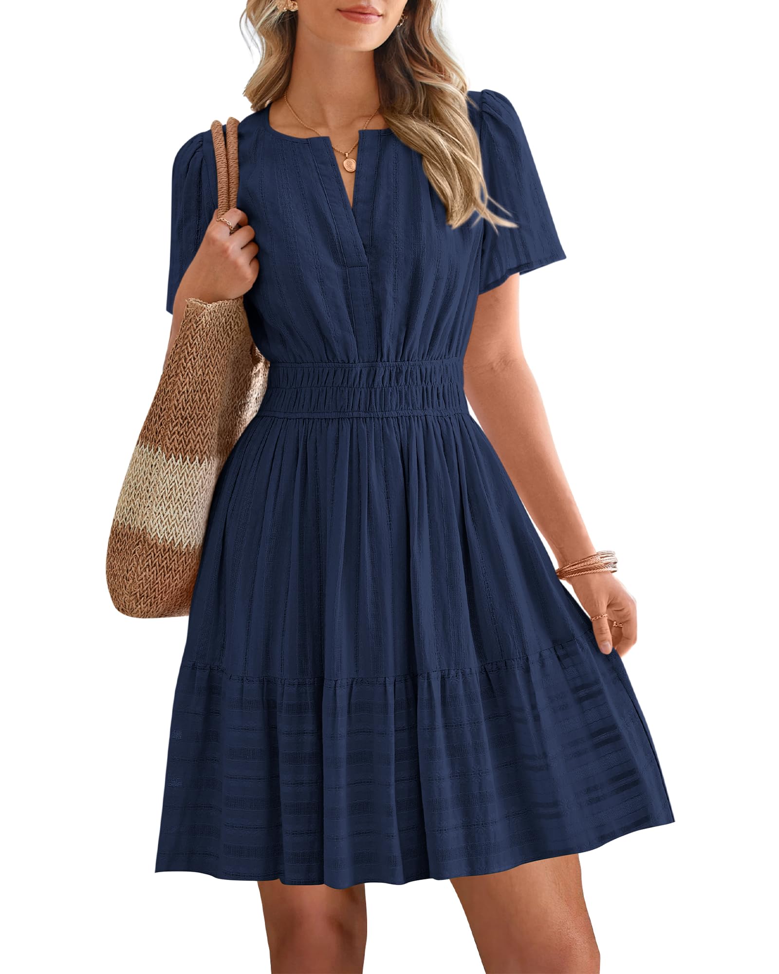BTFBM Womens Spring  Casual Mini Dresses Lightweight Short Sleeve V Neck Elastic Waist Cute Boho Beach Dress Pockets