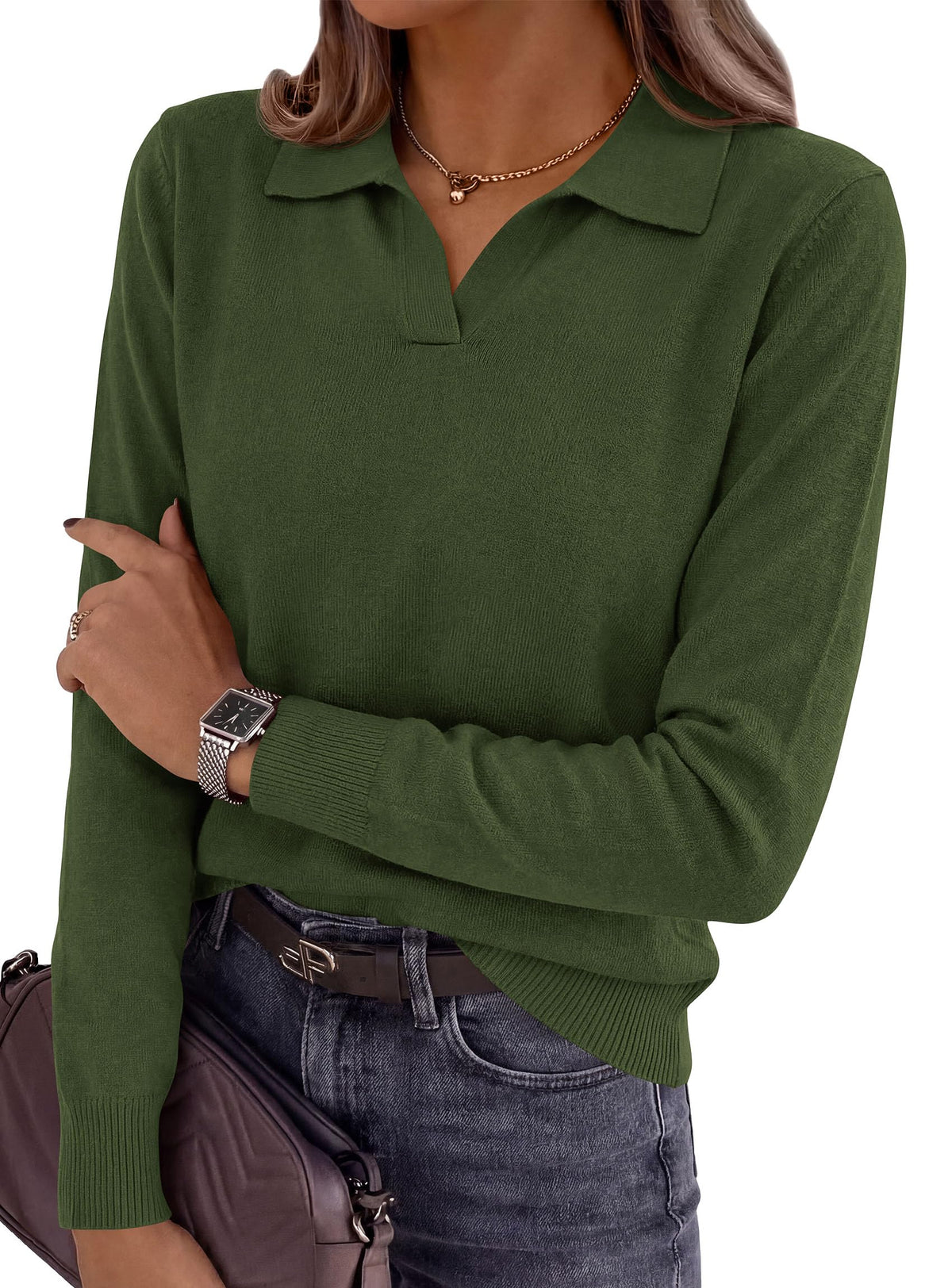 PRETTYGARDEN Womens Long Sleeve Collared Polo Sweater | Breathable Soft Ribbed Knit, Lapel V Neck Pullover Sweaters, Business Casual Work Office Tops, 2026 Trendy Fall Outfits
