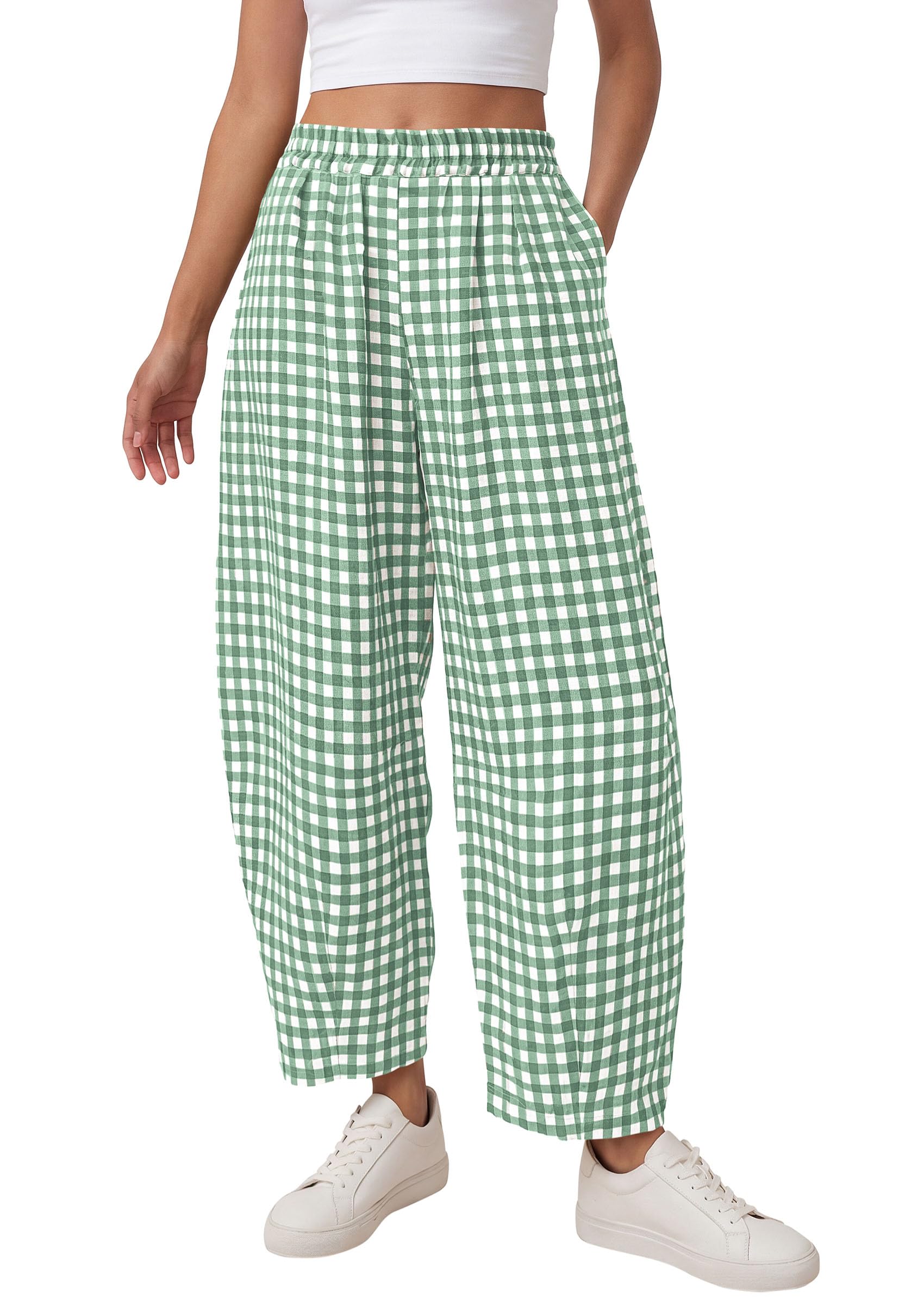 PRETTYGARDEN Plaid Barrel Pants Women Summer Casual Loose Wide Leg Lounge Gingham Trousers Spring Fashion Beach Bottoms