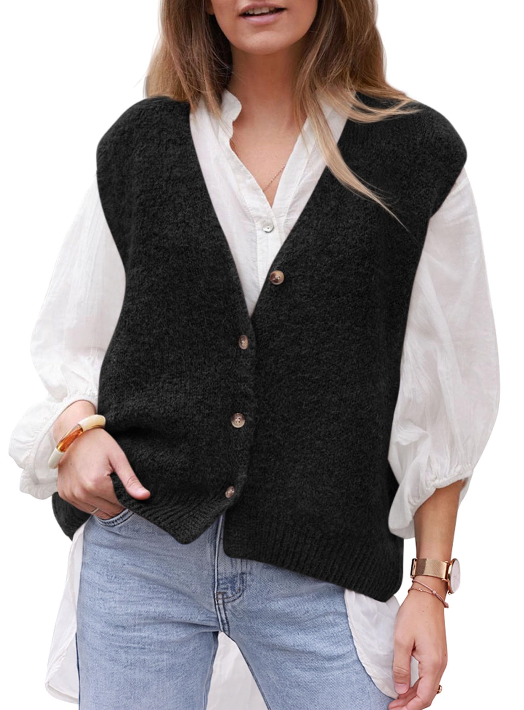PRETTYGARDEN Womens Fall Sleeveless Button Down Sweater Vest | Soft Knit Fabric, Fashion Deep V Neck, Casual Loose Fit Sweater, Going Out Outfits, 2026 Trendy Winter Clothes