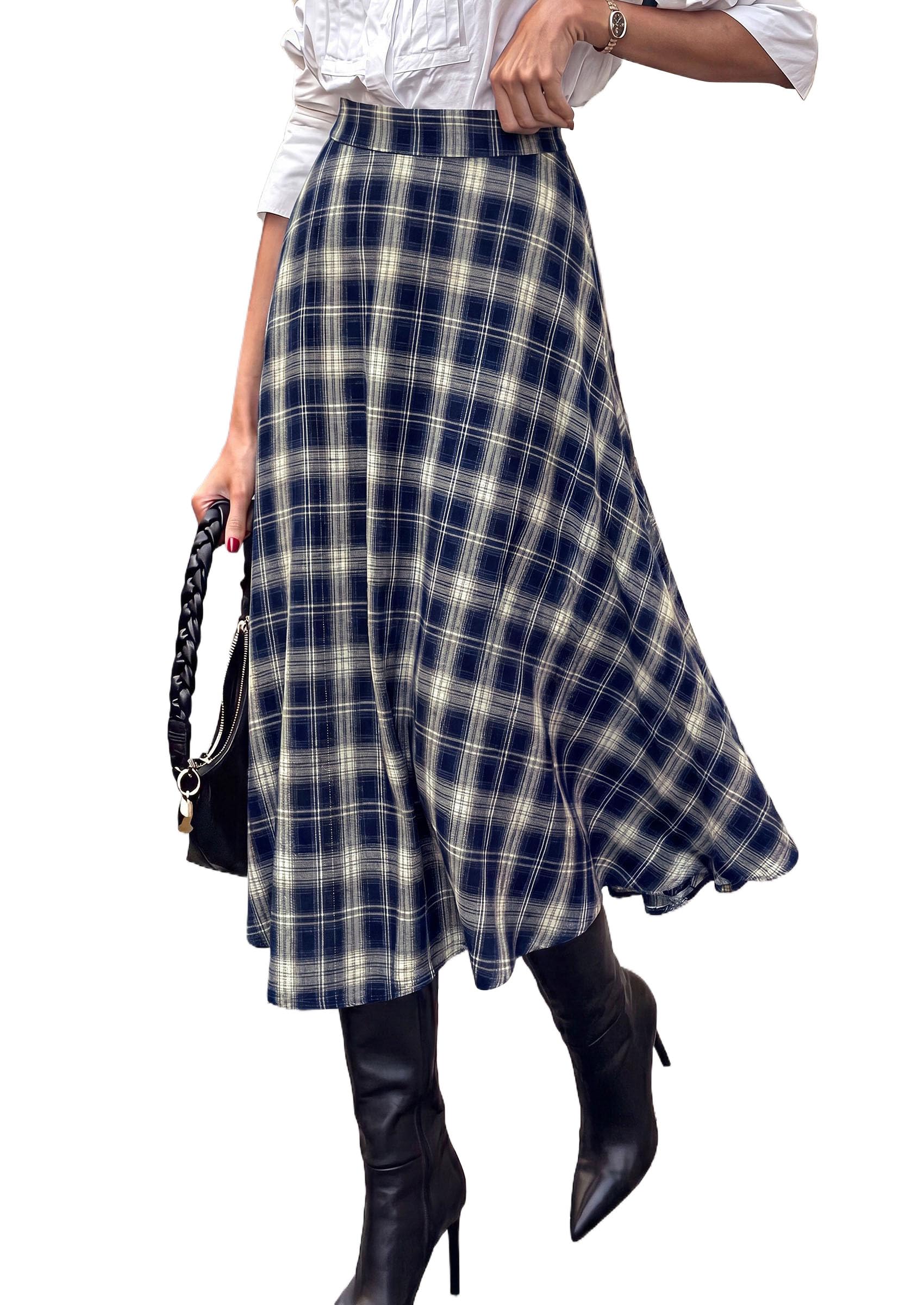 PRETTYGARDEN Women's Plaid High Waisted A-Line Midi Skirts