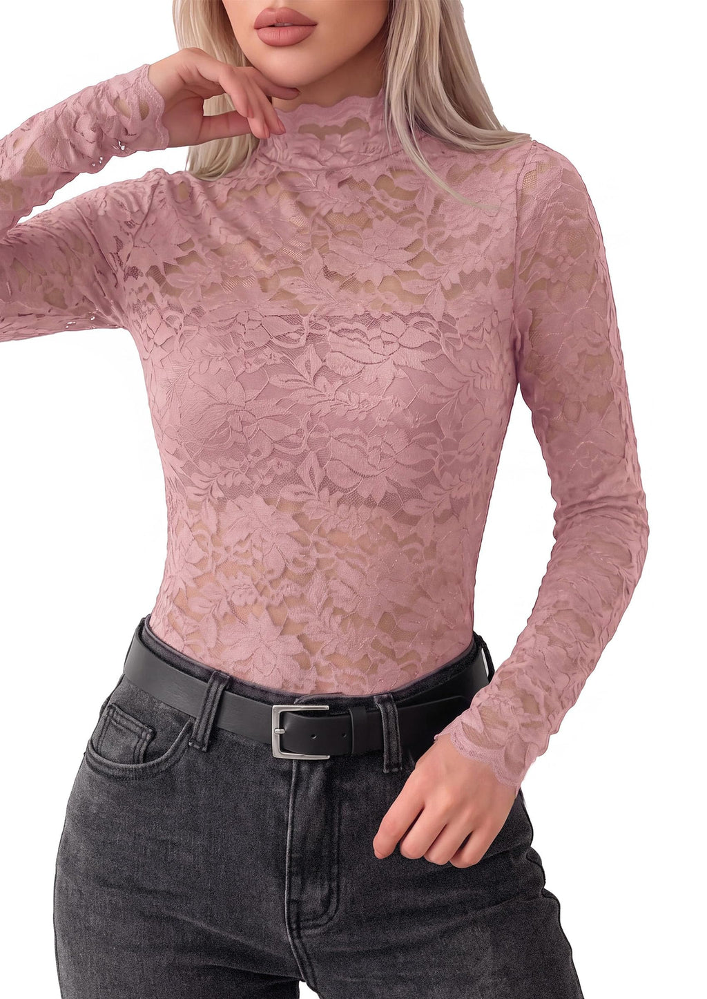 PRETTYGARDEN Womens Lace Long Sleeve Tops Sheer Mesh Blouse | Mock Neck Floral See Through, Slim Fitted, Soft Stretchy Elegant, Going Out Concert, Club Party Outfits, Fall Fashion Clothes