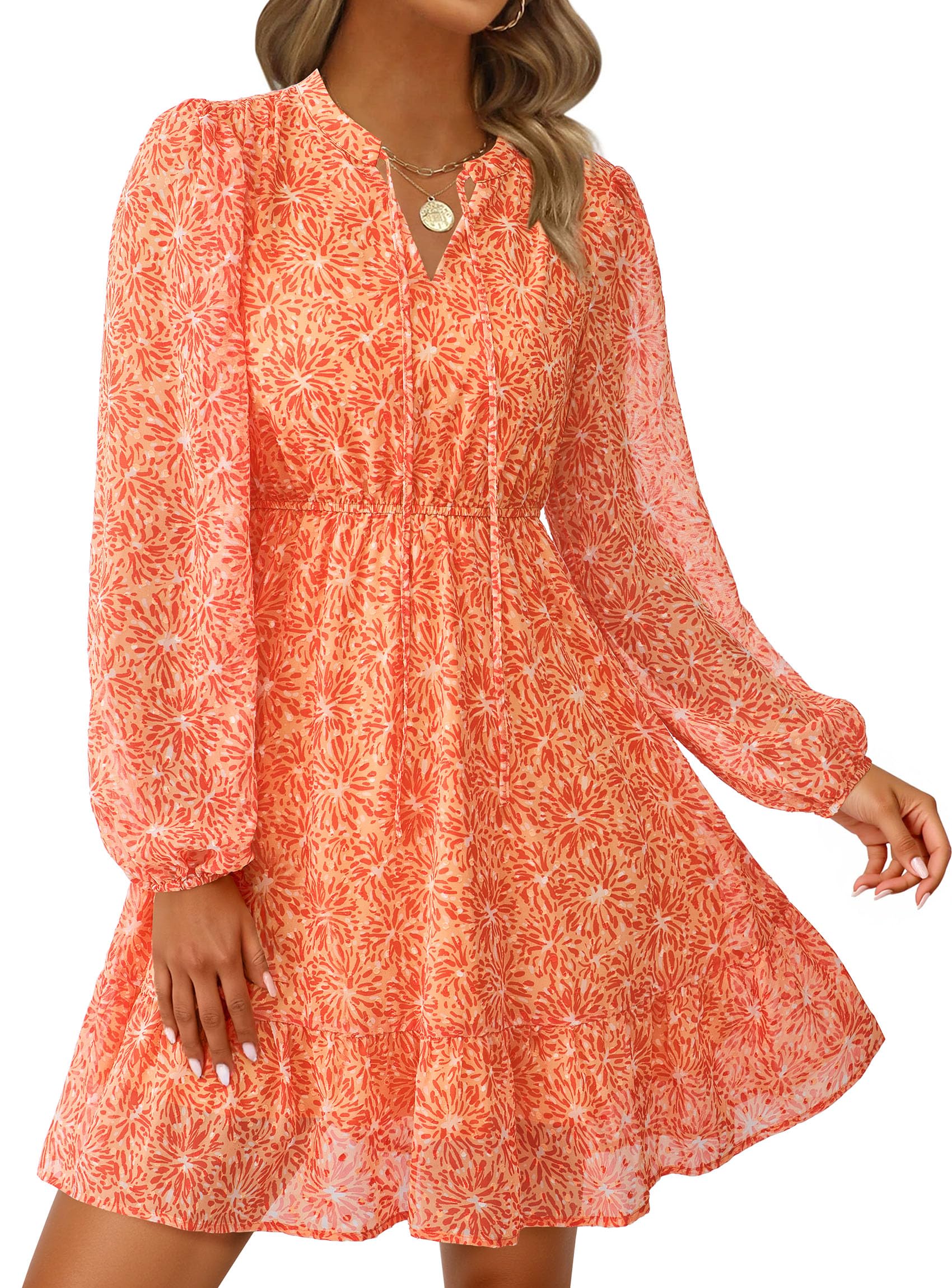 PRETTYGARDEN Women's Fall Boho Dresses  Floral Long Sleeve V Neck Mini Flowy Wedding Guest Dress Trendy Vacation Outfits