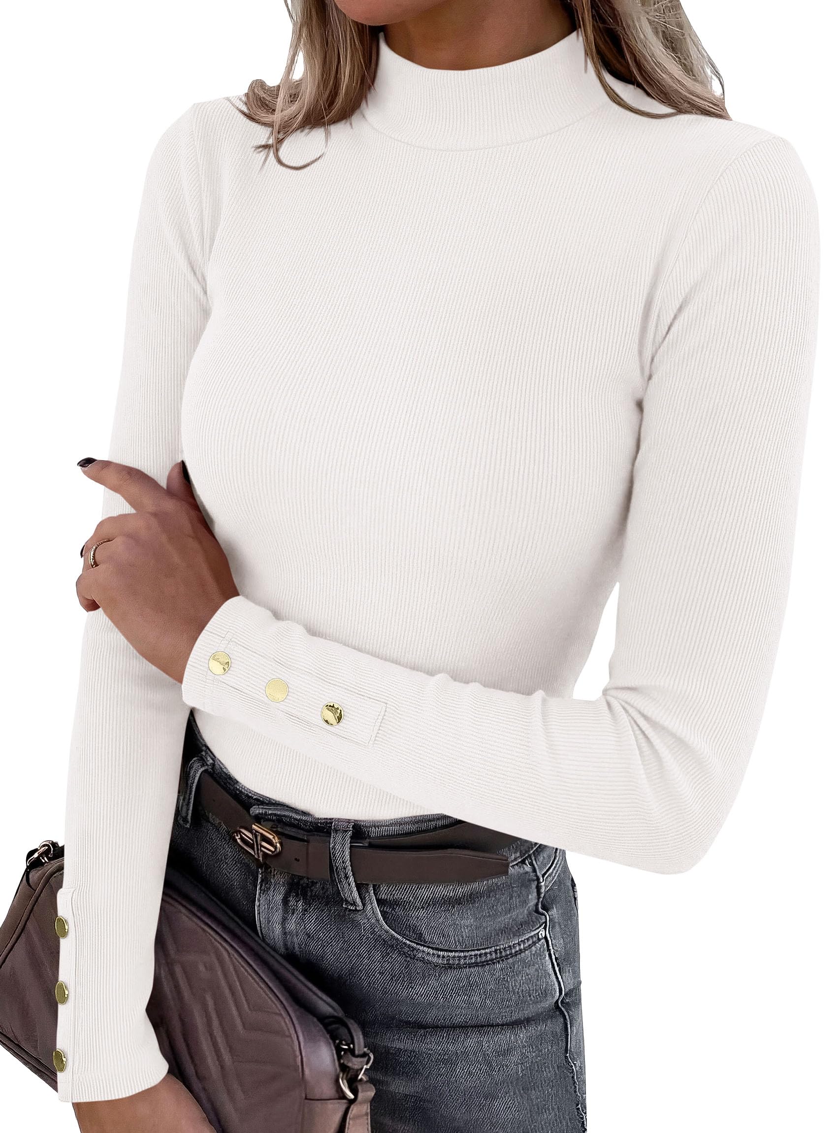 PRETTYGARDEN Women's Ribbed Mock Neck Long Sleeve Tops | Slim Fitted T-Shirts, Soft Stretch, Decorative Buttons, Going Out Work Casual Wear, Fall Outfits Layering Winter Clothes