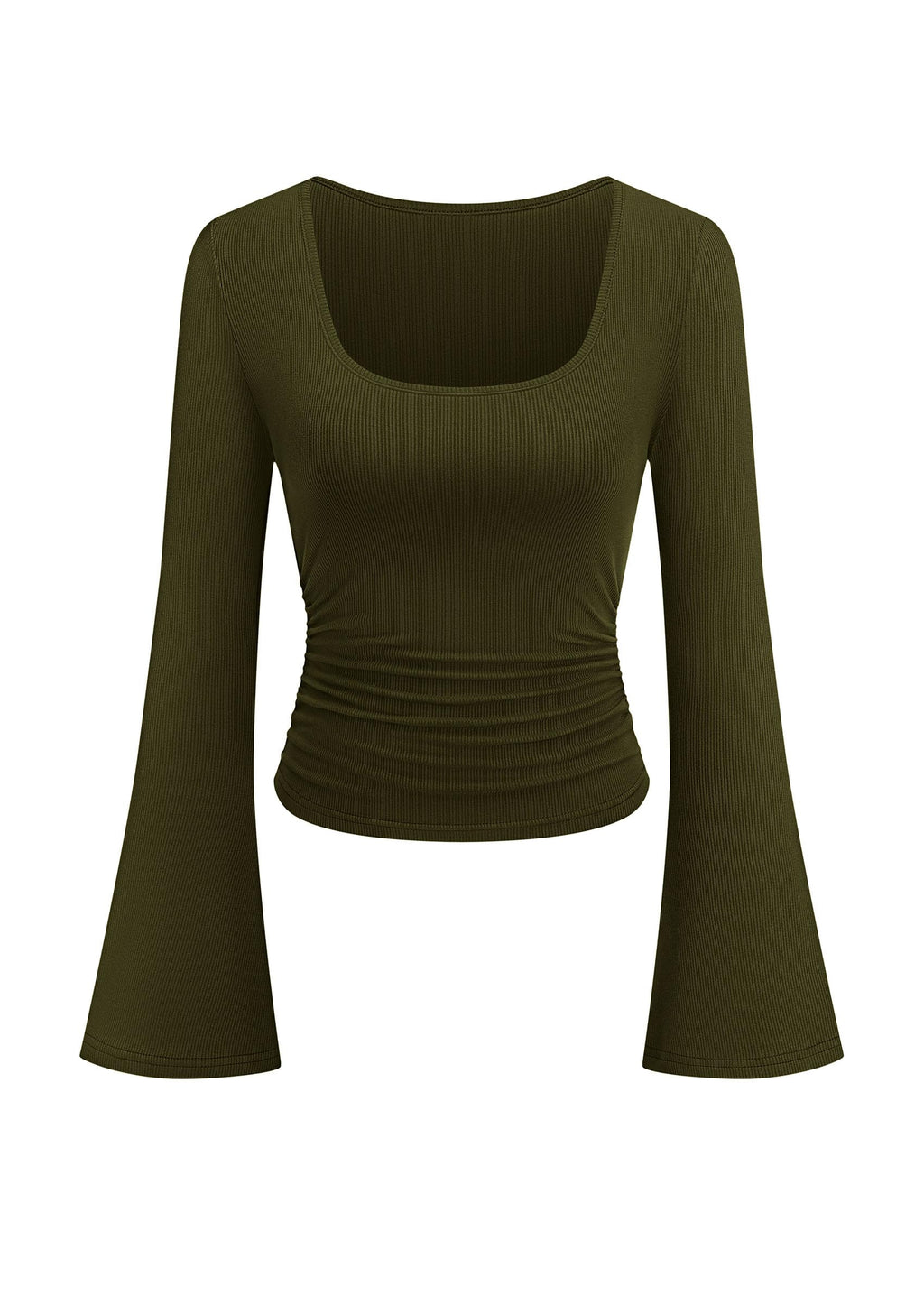 PRETTYGARDEN Womens Bell Long Sleeve Shirts Going Out Tops | Soft Stretchy Ribbed Knit, Square Neck, Slim Fit Y2K Clothes, Trendy Side Ruched, Layering Tee for Casual Fall & Winter Wear