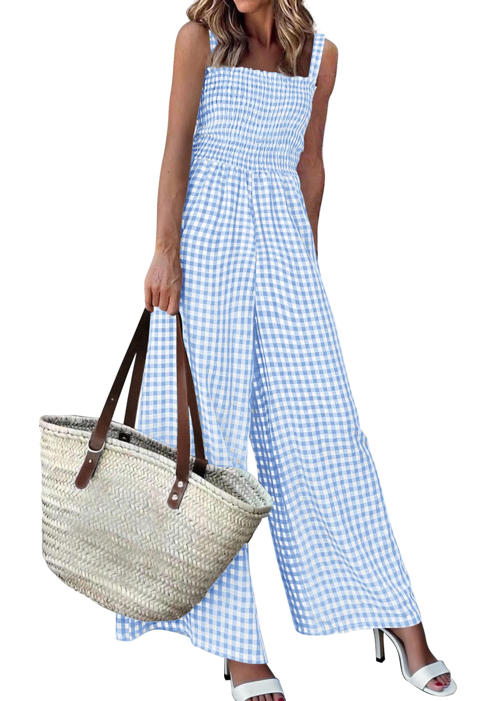 PRETTYGARDEN One Piece Jumpsuits for Women Casual Summer Cruise Outfits  Spring Fashion Smocked Wide Leg Gingham Rompers