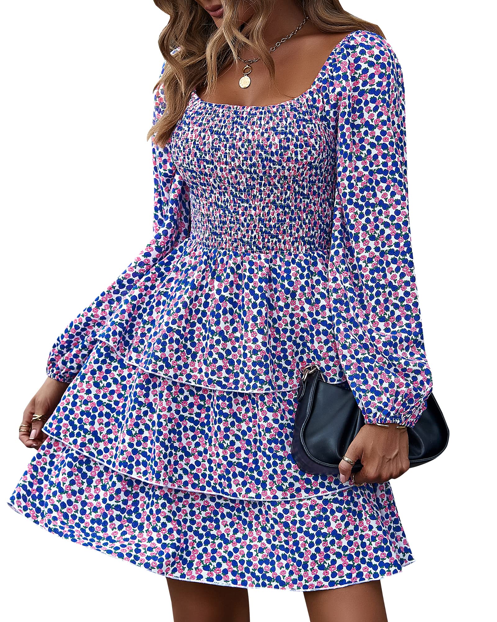 FreshPrettyWomen Square Neck Smocked Dresses Summer Spring Long Sleeve Floral Swiss Dot Mini Boho Wedding Guest Dress