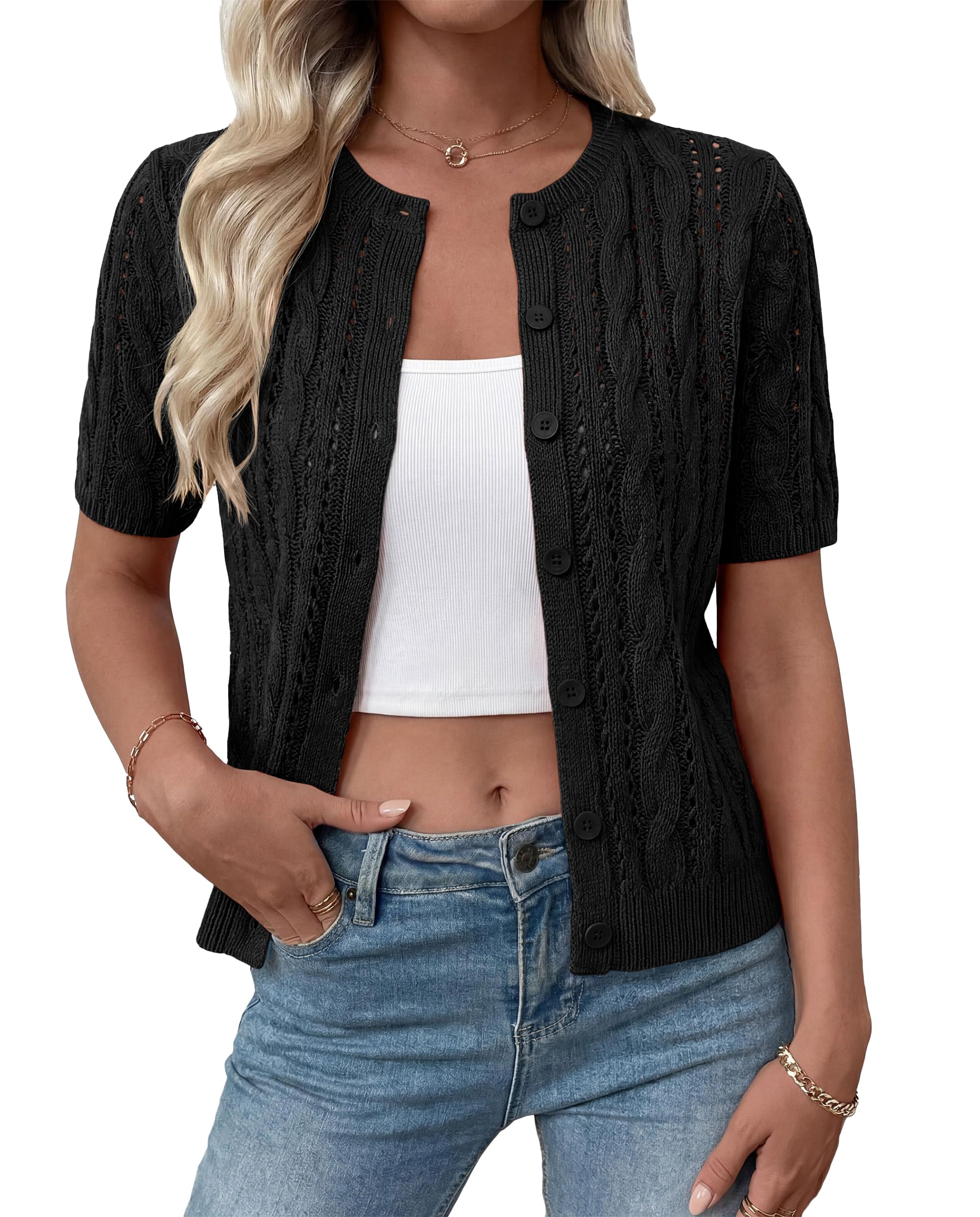 FreshPretty  Women Summer Cable Knit Crochet Cardigan Sweaters Casual Button Short Sleeve Sweater Cute Beach Hollow Out Knit Top