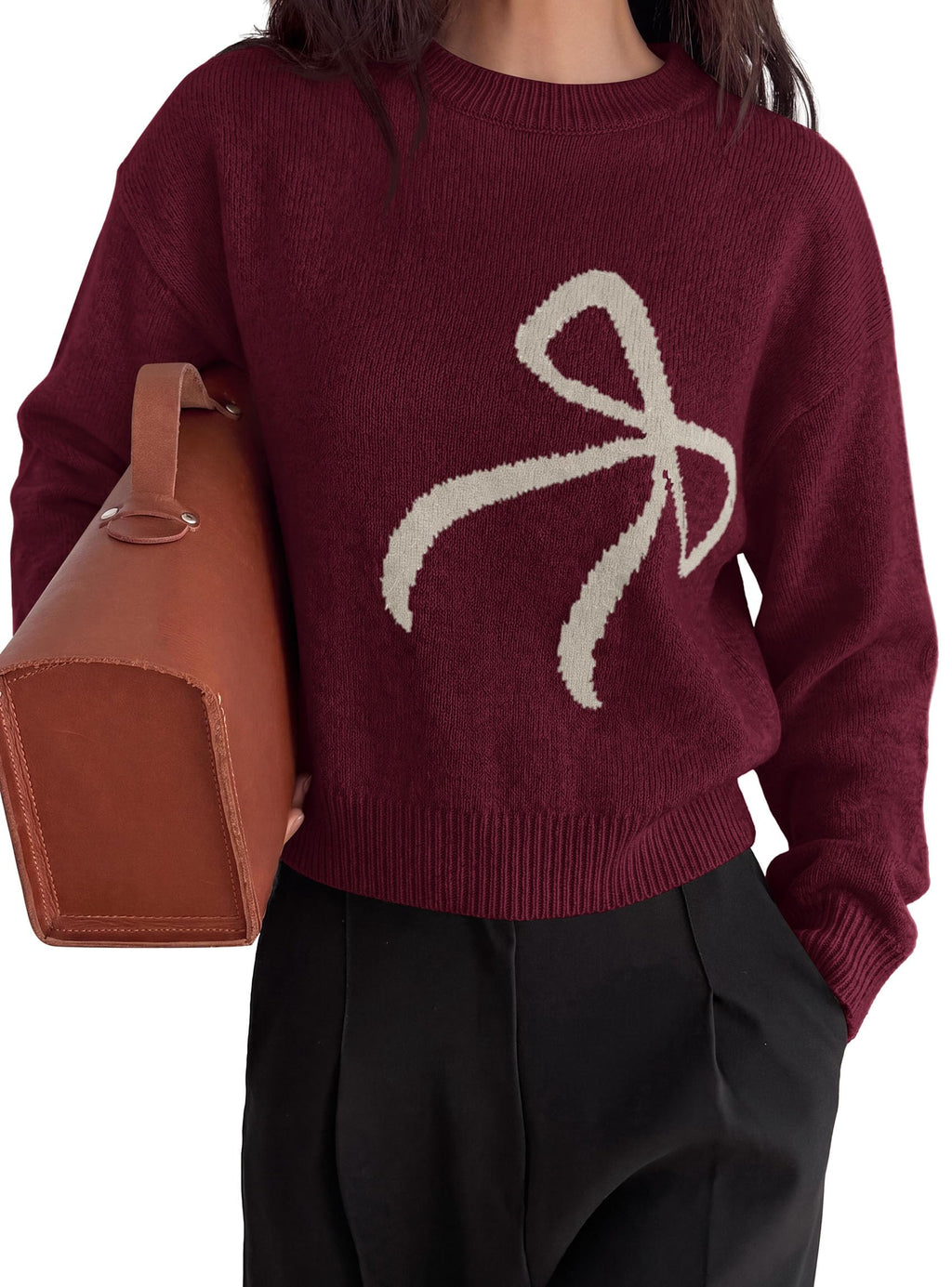 PRETTYGARDEN Womens Bow Sweater Cute Crewneck Long Sleeve Tops Fall Soft Cozy Knit Pullover,Relaxed Fit,Holiday Sweaters,Daily Wear,Work Office,Casual Going Out Y2k Tops,Winter Fashion Clothing
